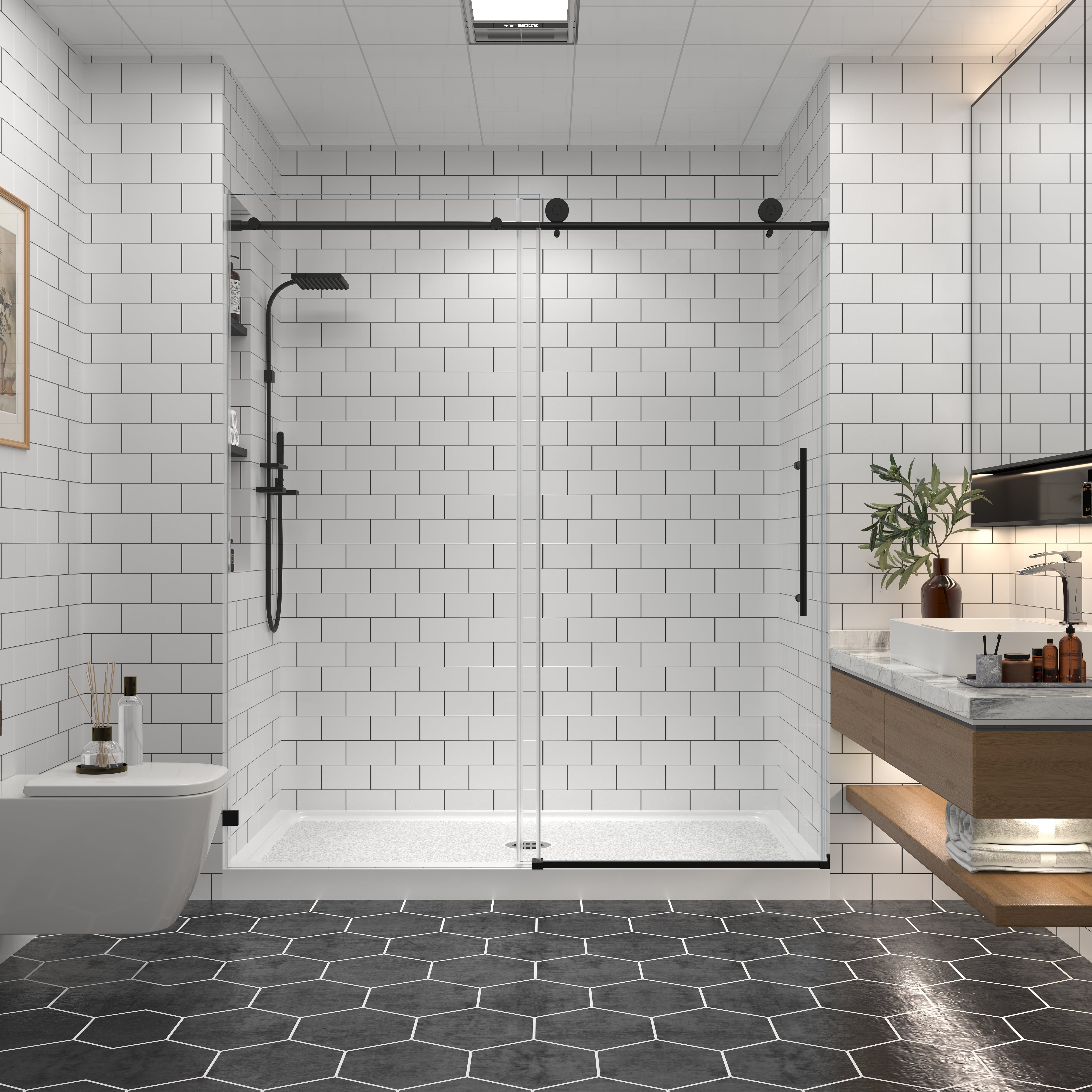 EASYWORC 2517 Black/Silver/Gold Frameless Shower Door, Sliding Glass Shower Door, 5/16" (8mm) Thick Tempered Clear Glass with Explosion-Proof Film Nano Coating, Stainless Steel Hardware