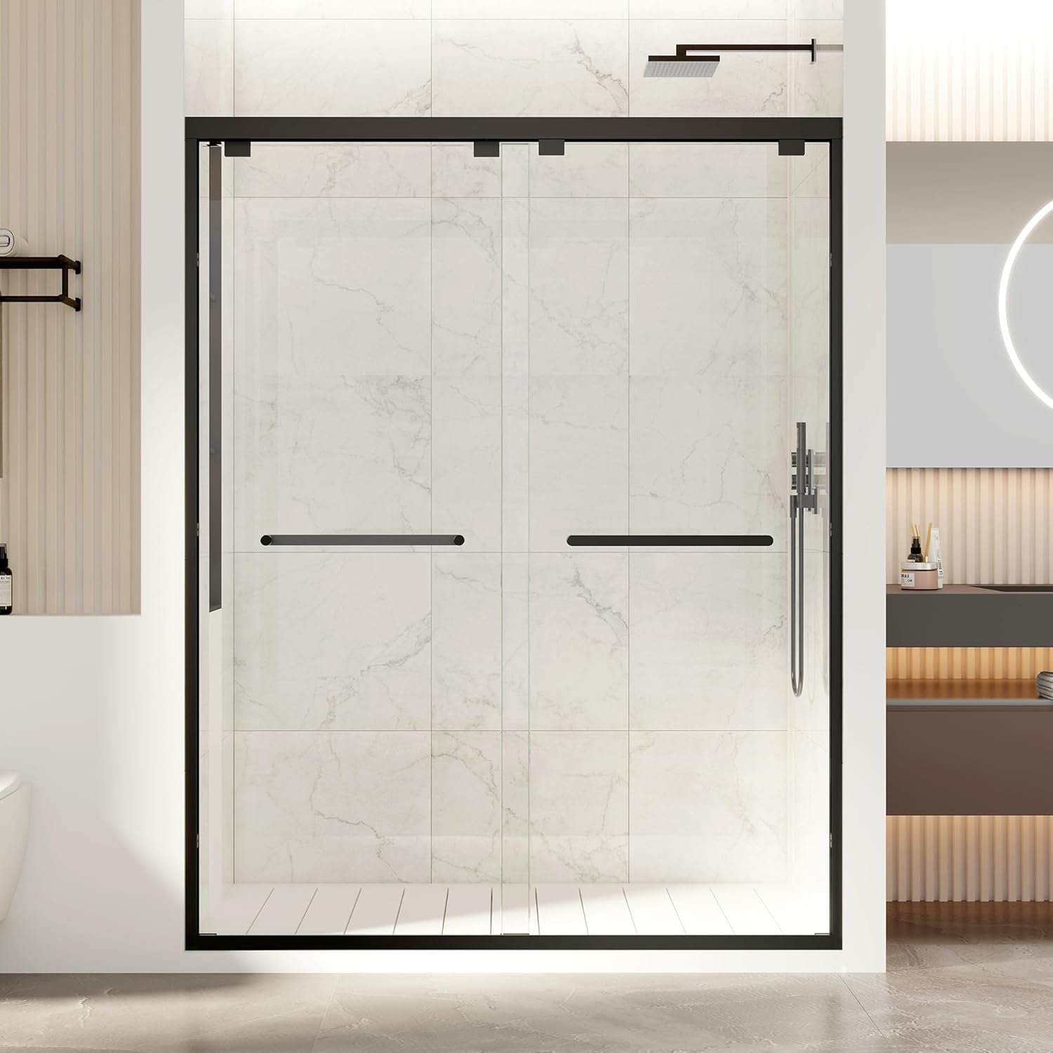 EASYWORC Shower Doors, 56-60" W x 76" H Semi Frame Double Sliding Glass Shower Door, 1/4" (6mm) Clear SGCC Tempered Glass with Explosion-Proof Film, Matte Black