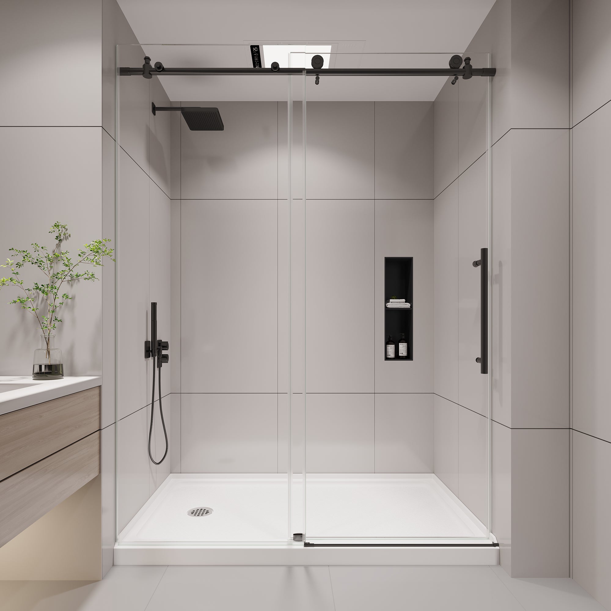 KPUY S9811B Frameless Shower Door, 44-48" W x 76" H Sliding Glass Shower Door, 1/4" (6mm) Thick Tempered Clear Glass with Explosion-Proof Film Nano Coating, Stainless Steel Hardware, Matte Black