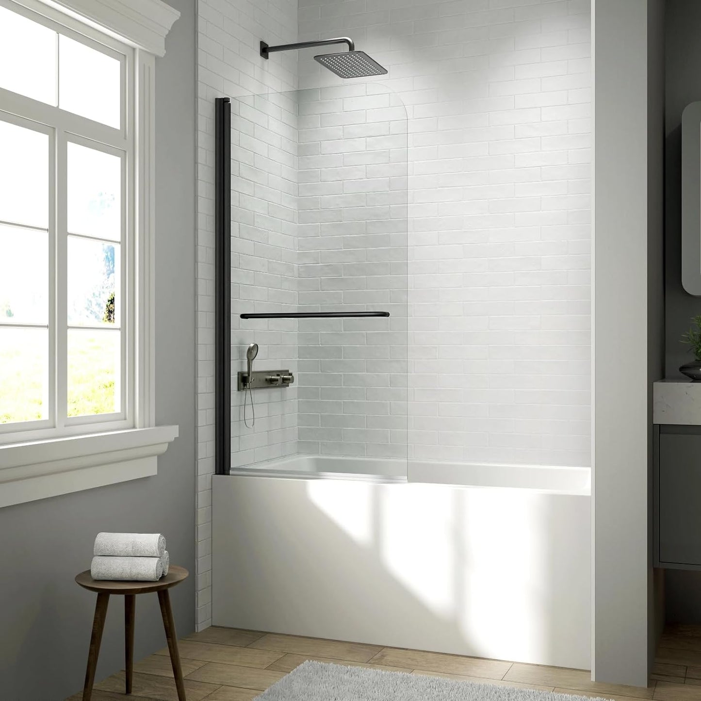 Bath tub Pivot shower screen, with 1/4" tempered glass and towel bar 3458