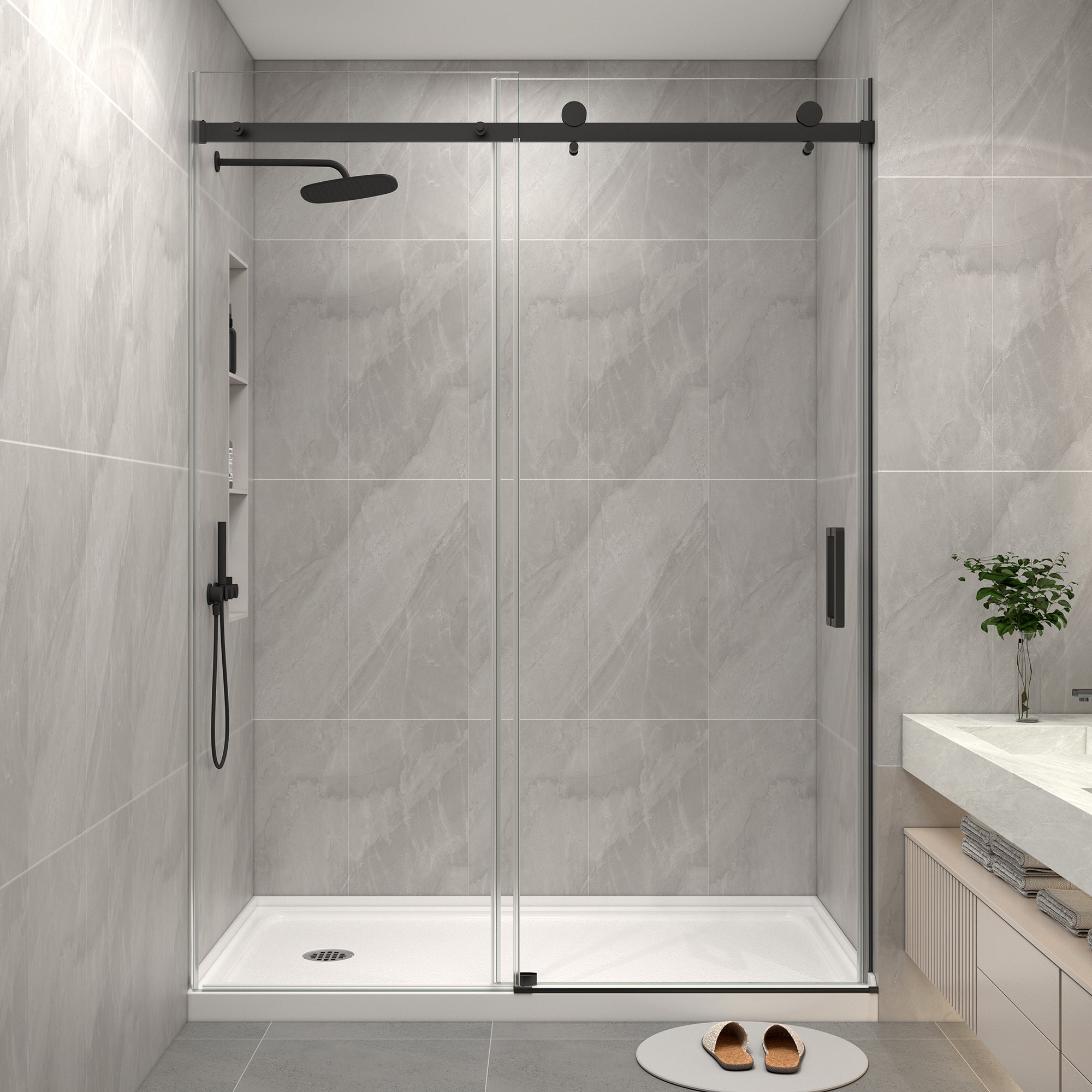 KPUY S9711B Frameless Shower Door, 44-48" W x 76" H Sliding Glass Shower Door, 1/4" (6mm) Thick Tempered Clear Glass with Explosion-Proof Film Nano Coating in Matte Black Finish