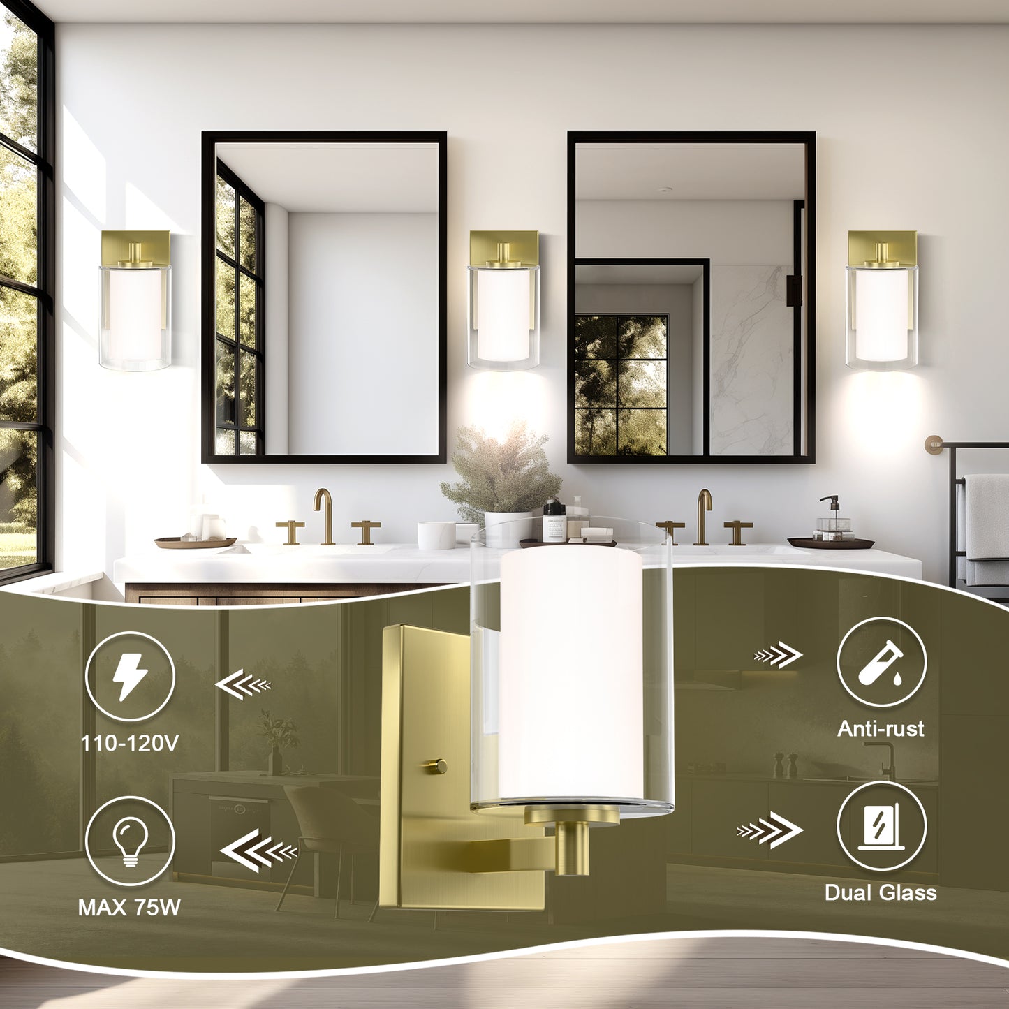 Bathroom Vanity Light Fixture, 1 Light Modern Gold Vanity Lighting fixtures, Lighting Fixtures Over Mirror, Wall Lamp with Clear Glass for, Hallway, Bedroom with E26 Socket