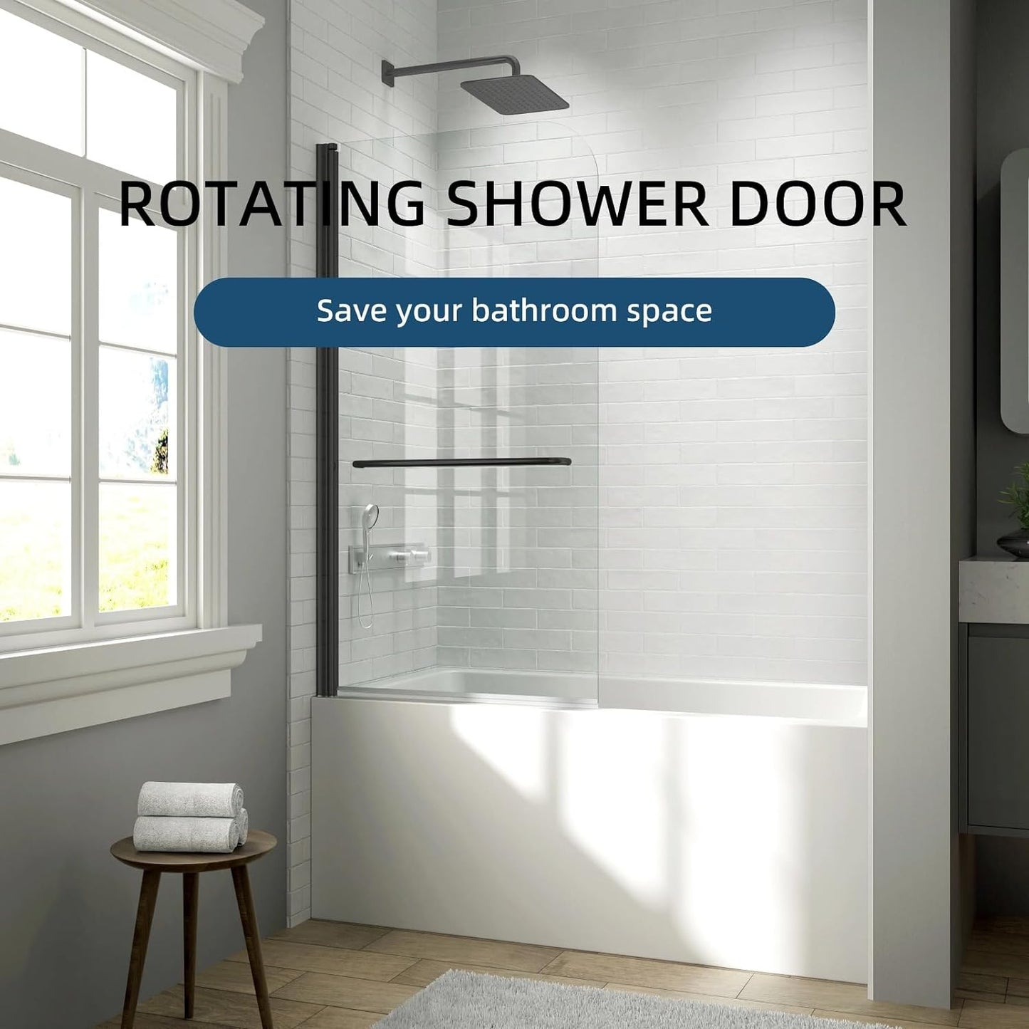 Bath tub Pivot shower screen, with 1/4" tempered glass and towel bar 3458