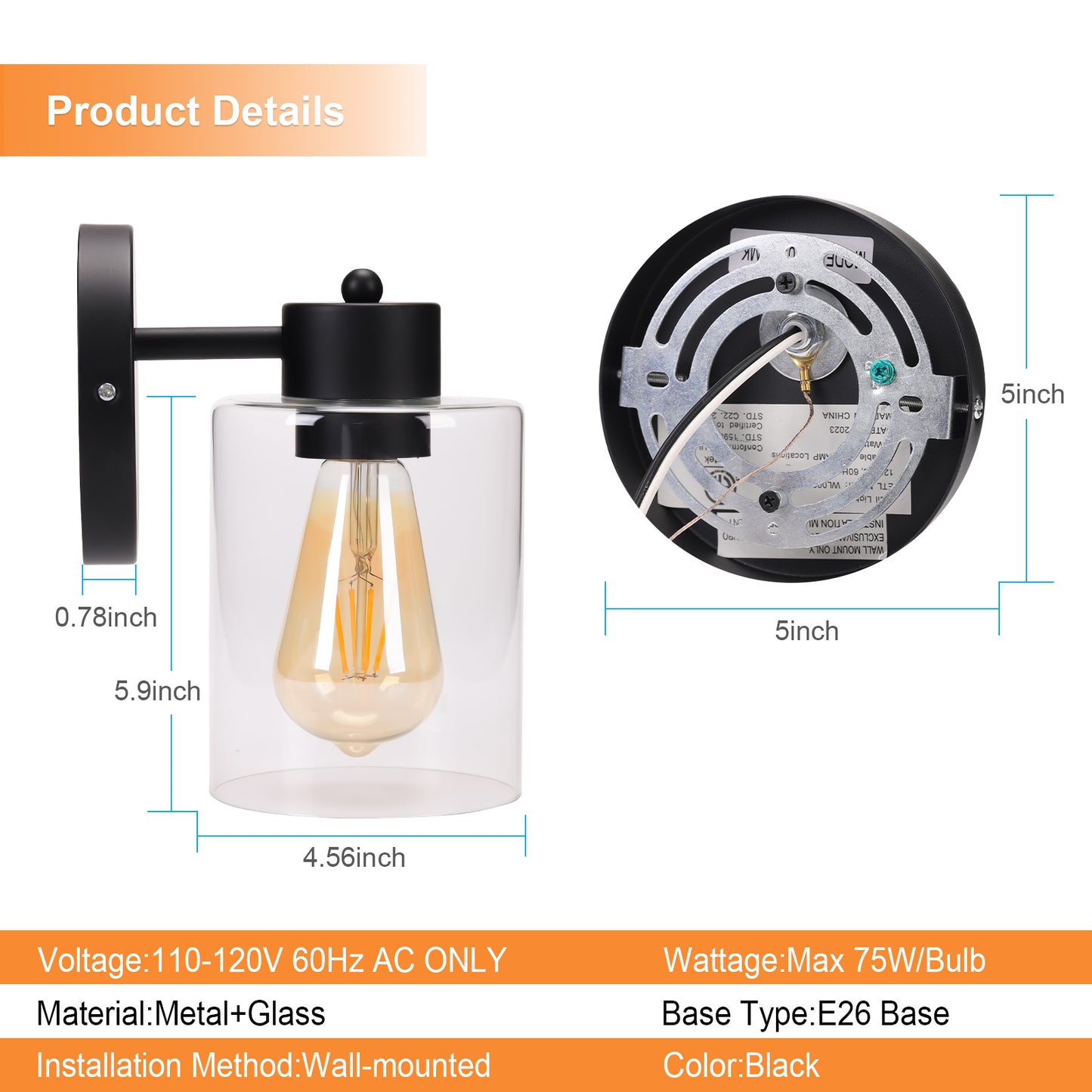 LMLMD Modern Black Vanity Light Fixture - 1 Light Bathroom Wall Lamp with Clear Glass, Perfect for Over Mirror, Hallway, or Bedroom with E26 Socket