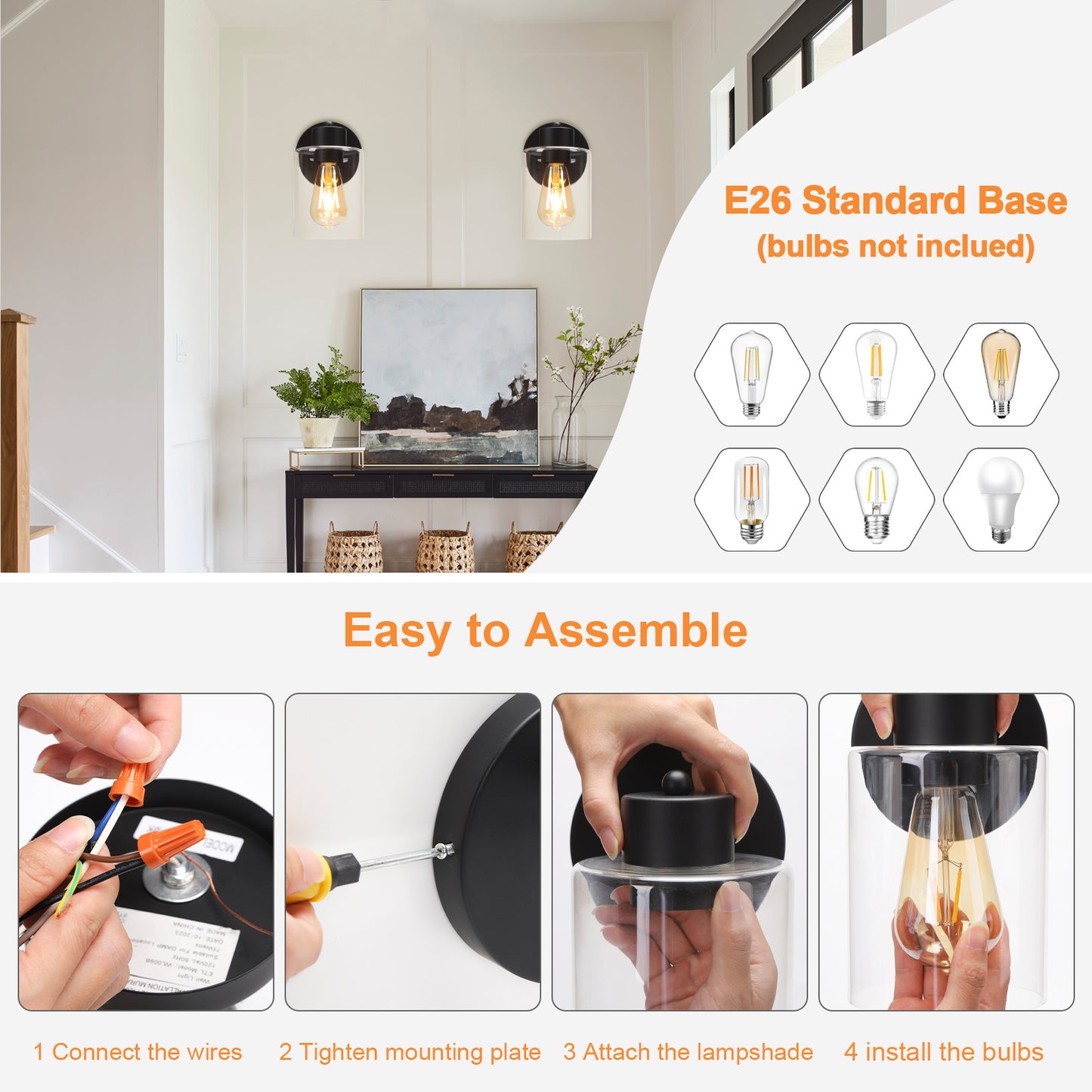 LMLMD Modern Black Vanity Light Fixture - 1 Light Bathroom Wall Lamp with Clear Glass, Perfect for Over Mirror, Hallway, or Bedroom with E26 Socket