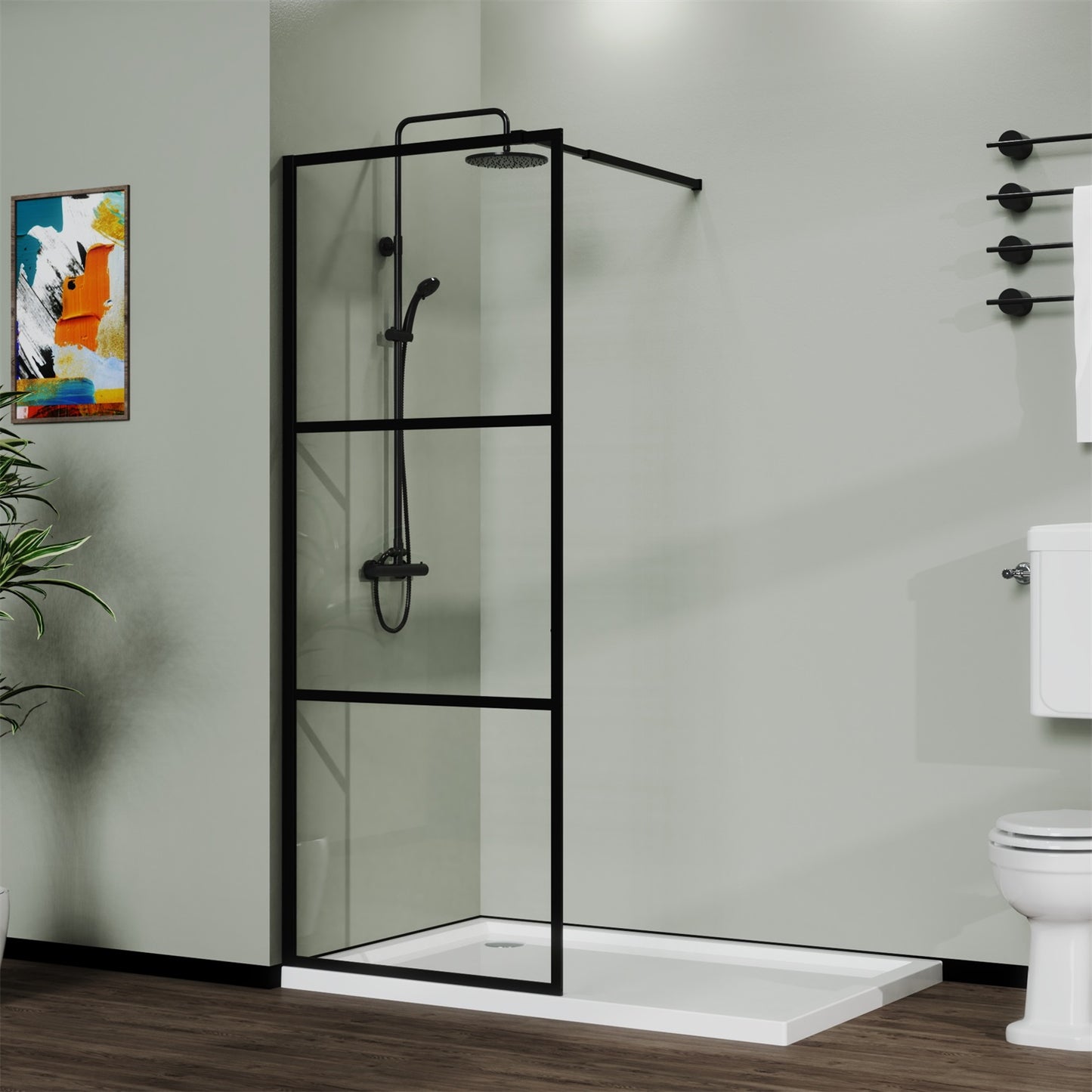 Goodyo 34" Shower Screen Door Walk-in Wet-room, Black, 3-panel Style