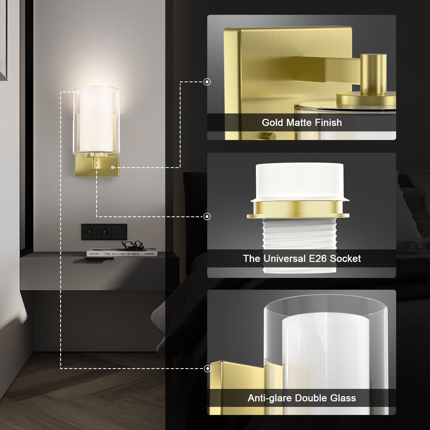 Bathroom Vanity Light Fixture, 1 Light Modern Gold Vanity Lighting fixtures, Lighting Fixtures Over Mirror, Wall Lamp with Clear Glass for, Hallway, Bedroom with E26 Socket