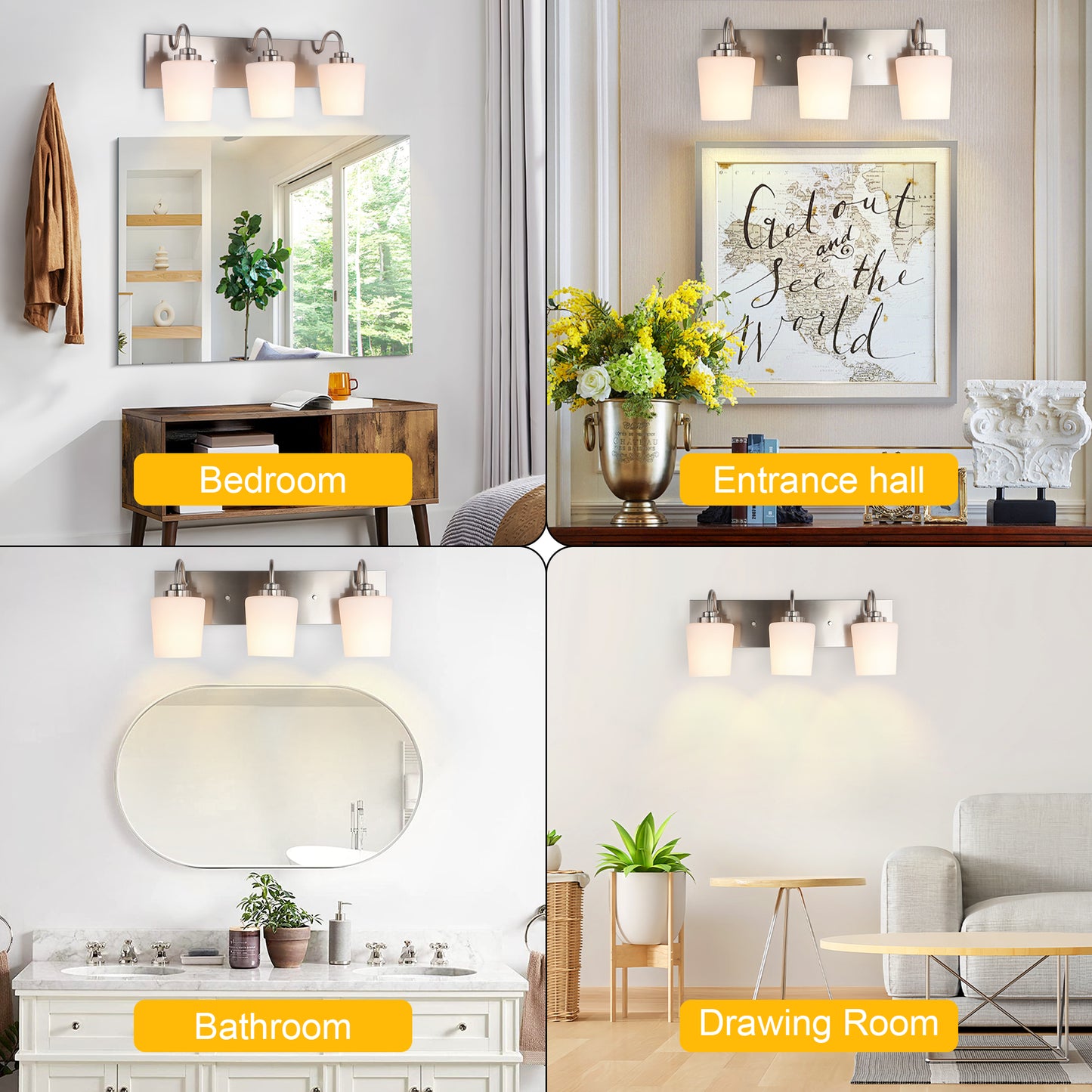 Modern Gold Vanity Lighting Fixture, Mirror 4 Lights, Wall Sconce with Frosted Glass for Bathroom, Hallway, Bedroom with E26 Socket