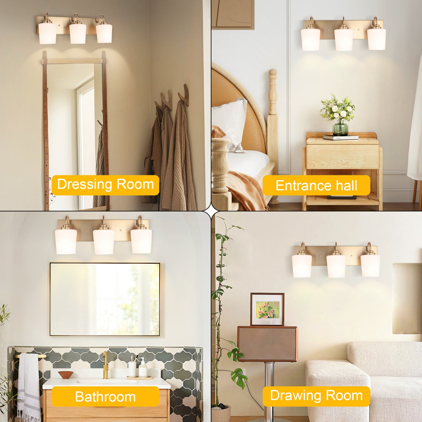 Modern Gold Vanity Lighting Fixture, Mirror 4 Lights, Wall Sconce with Frosted Glass for Bathroom, Hallway, Bedroom with E26 Socket