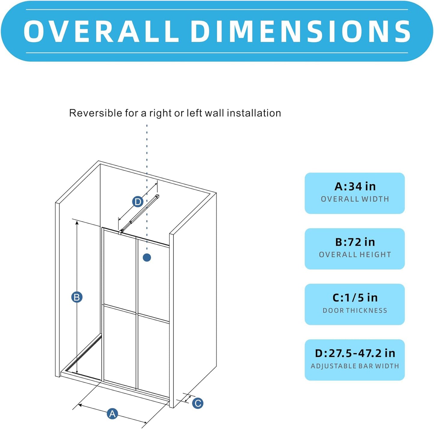 Goodyo 34" X 72" Shower Screen Door Frost Tempered Glass
