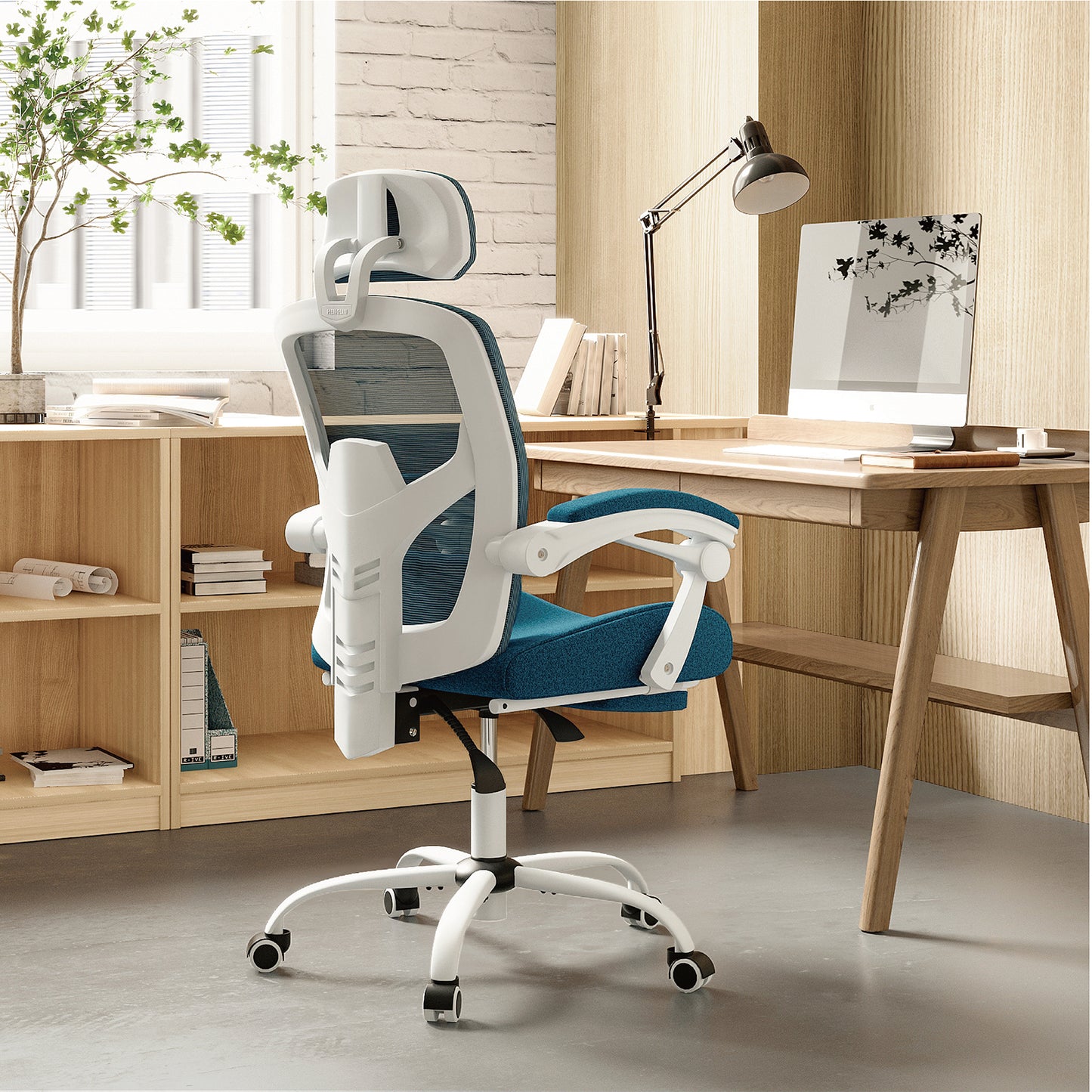 Retractable Footrest Ergonomic Swivel Office Chair with Lumbar Support Pillow and Padded Armrests
