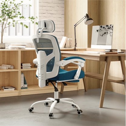 Retractable Footrest Ergonomic Swivel Office Chair with Lumbar Support Pillow and Padded Armrests