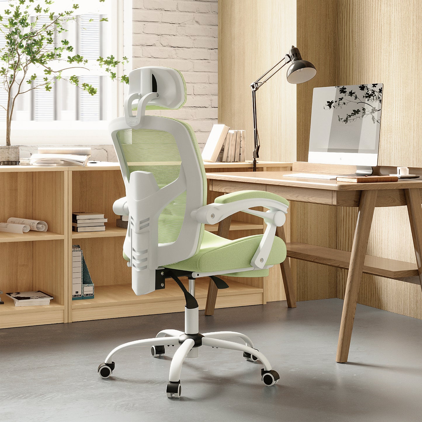 Retractable Footrest Ergonomic Swivel Office Chair with Lumbar Support Pillow and Padded Armrests