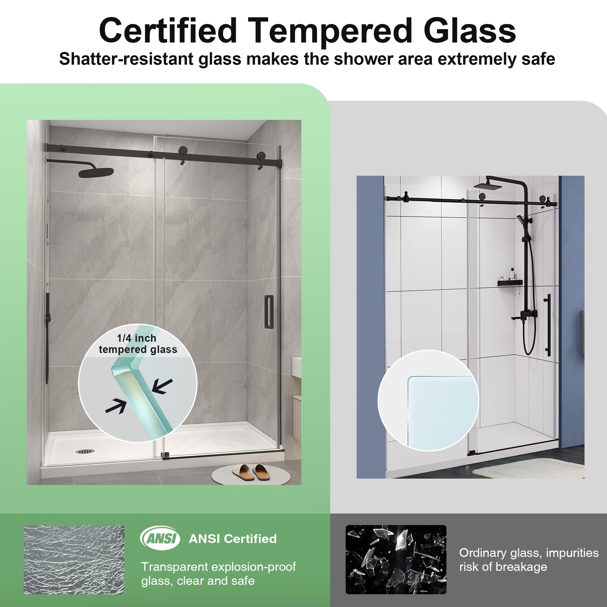 KPUY S9711B Frameless Shower Door, 44-48" W x 76" H Sliding Glass Shower Door, 1/4" (6mm) Thick Tempered Clear Glass with Explosion-Proof Film Nano Coating in Matte Black Finish