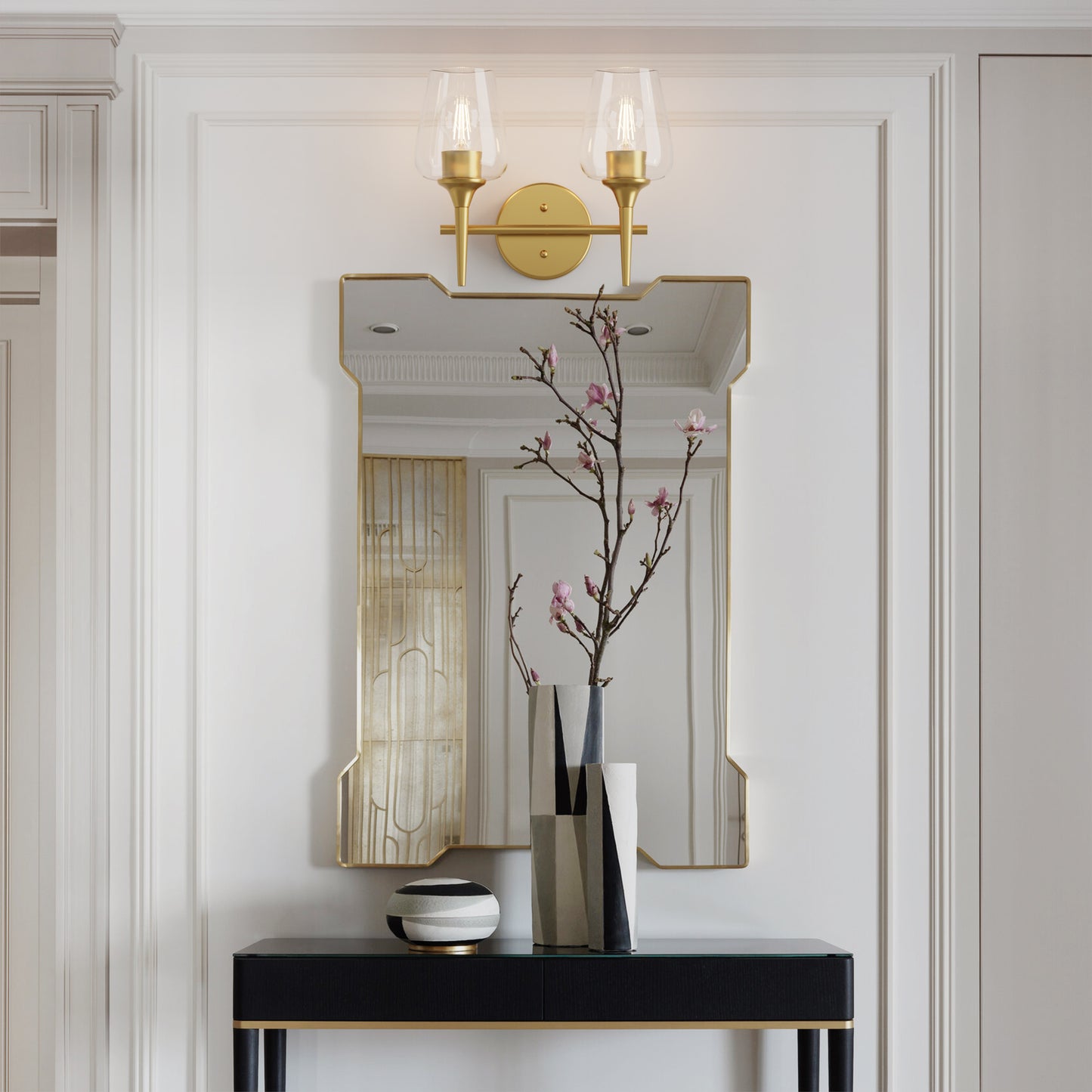 Modern Gold Vanity Lighting Fixture, 2 Light Over Mirror, Wall Lamp with Clear Glass for Bathroom, Hallway, Bedroom with E26 Socket