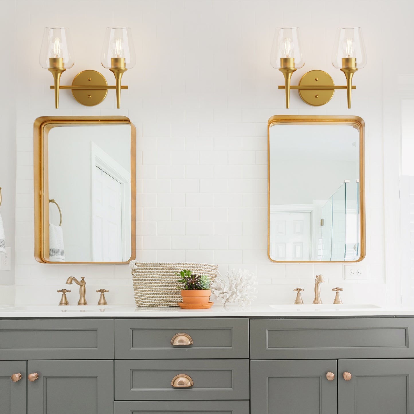 Modern Gold Vanity Lighting Fixture, 2 Light Over Mirror, Wall Lamp with Clear Glass for Bathroom, Hallway, Bedroom with E26 Socket