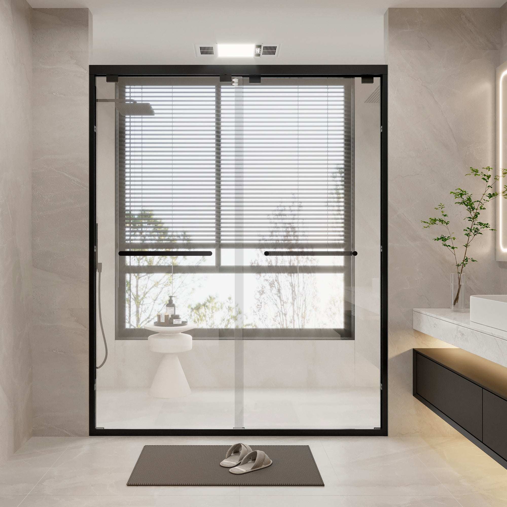 KPUY Glass Shower Door, 56-60" W x 76" H Semi-Frameless Shower Door, Double Sliding Shower Door with 1/4" (6mm) Thick Tempered Clear Glass, Shower Glass Door with Explosion-Proof Film in Matte Black