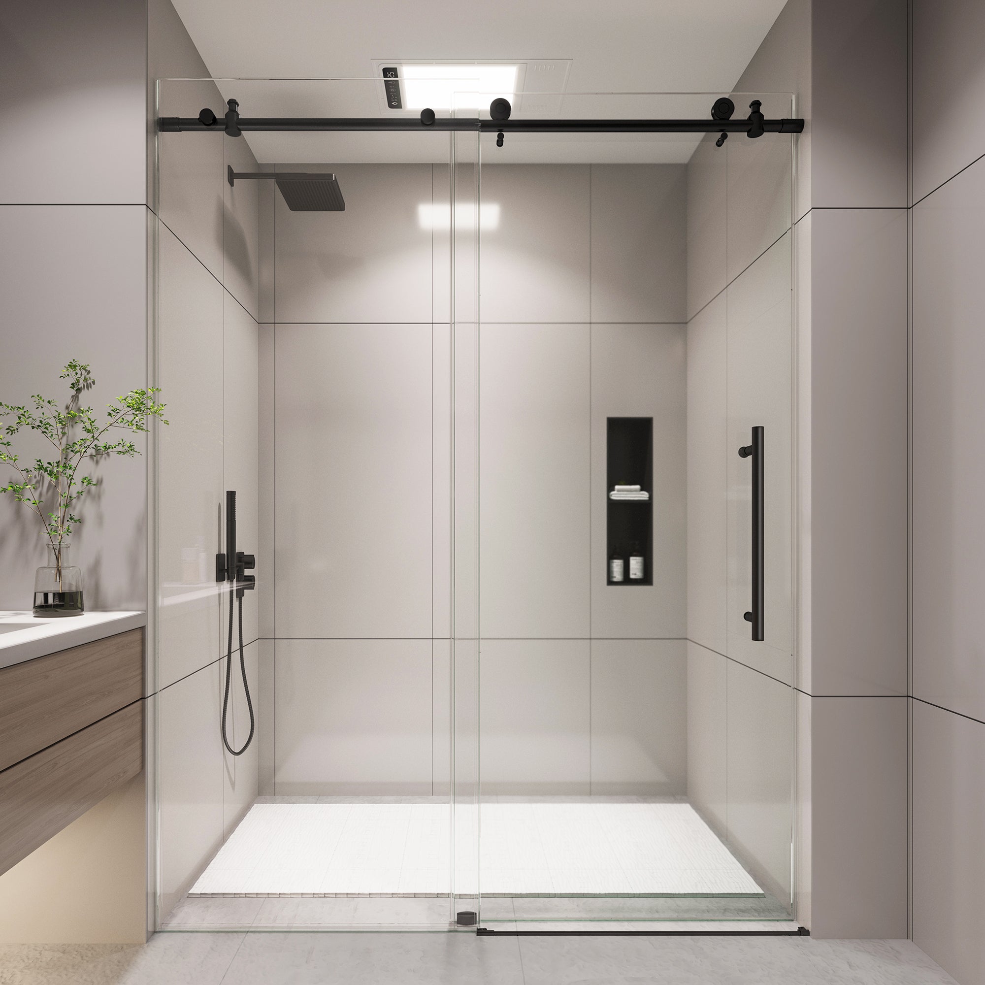 KPUY Frameless Shower Door, 50-54" W x 76" H Glass Shower Door, Sliding Shower Door with 1/4" (6mm) Tempered Glass, Stainless Steel Frame Shower Glass Door with Explosion-Proof Film in Matte Black