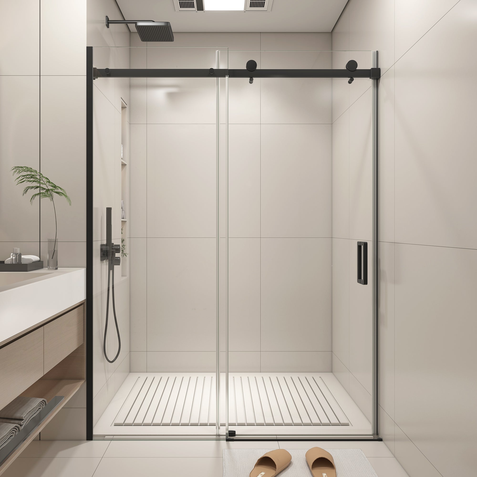 KPUY Frameless Shower Door, 50-54" W x 76" H Glass Shower Door, Sliding Shower Door with 1/4" (6mm) Thick Tempered Clear Glass, Shower Glass Door with Explosion-Proof Film in Matte Black