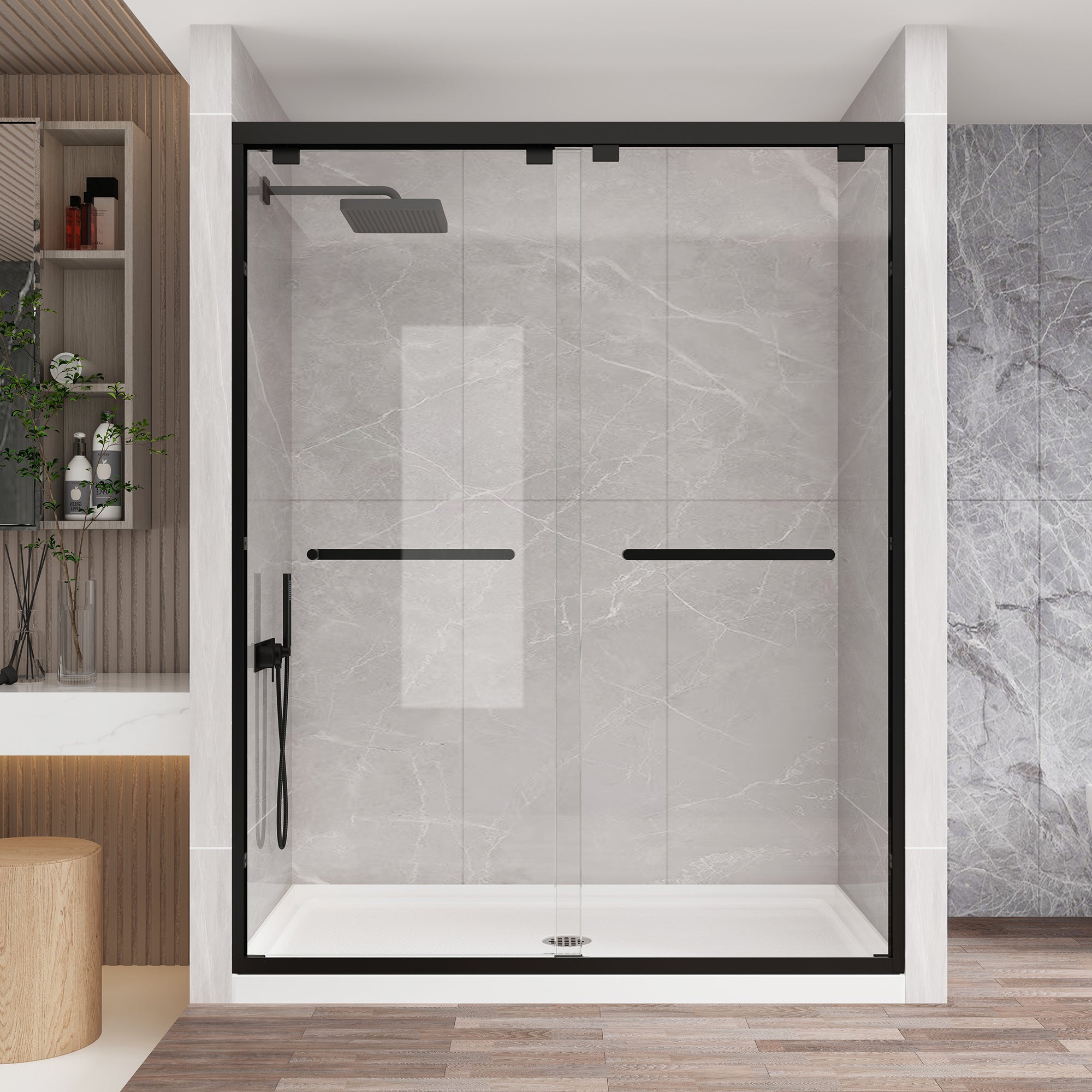 KPUY Glass Shower Door, 56-60" W x 76" H Semi-Frameless Shower Door, Double Sliding Shower Door with 1/4" (6mm) Thick Tempered Clear Glass, Shower Glass Door with Explosion-Proof Film in Matte Black