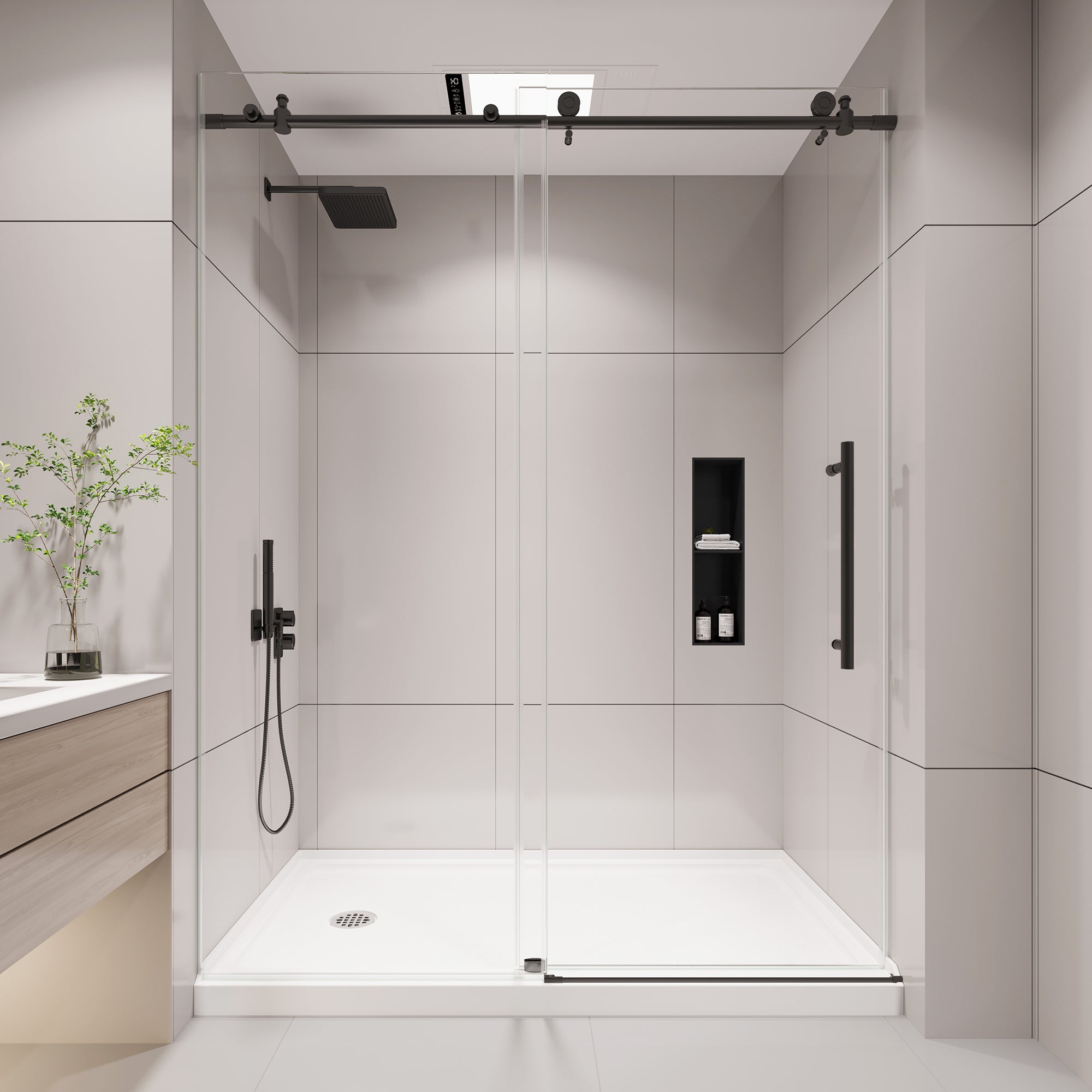 KPUY S9811B Frameless Shower Door, 44-48" W x 76" H Sliding Glass Shower Door, 1/4" (6mm) Thick Tempered Clear Glass with Explosion-Proof Film Nano Coating, Stainless Steel Hardware, Matte Black