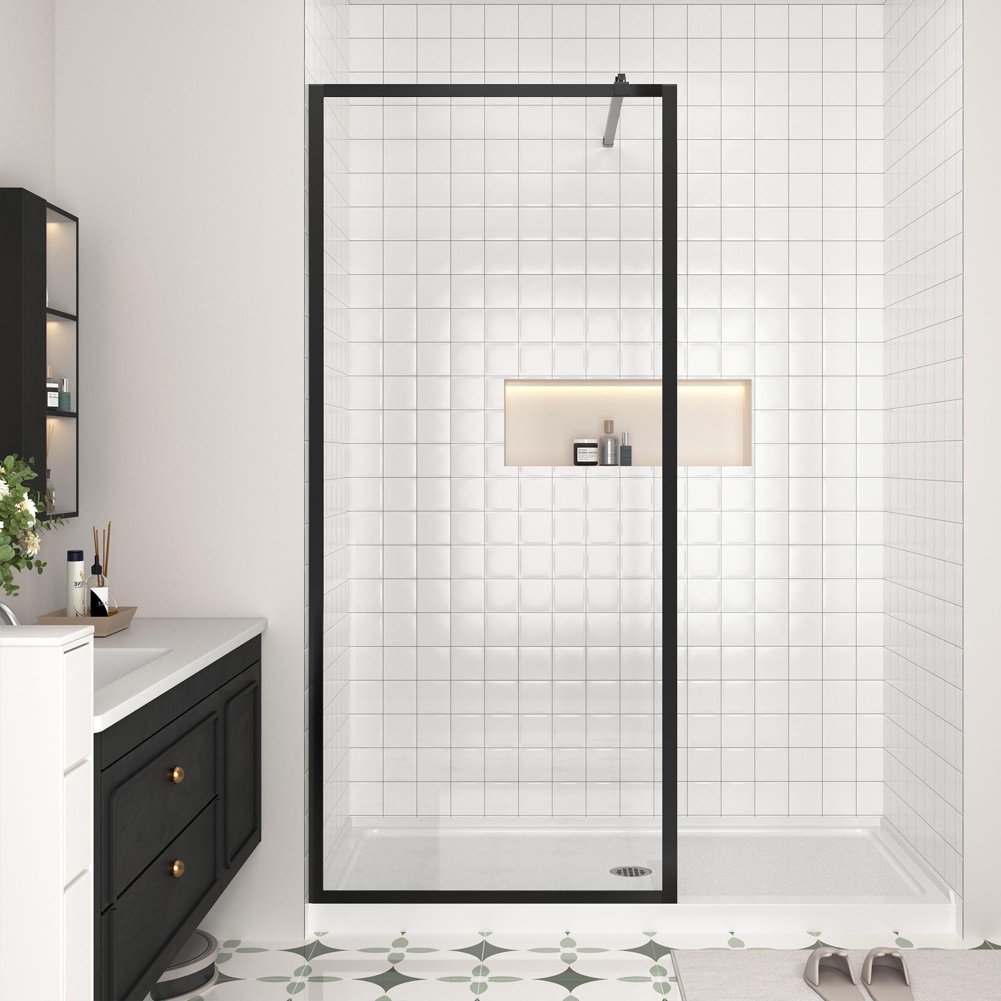 KPUY Shower Glass Panel, 34'' x 74'' H Shower Screen, 1/4" (6mm) Thick Tempered Clear Glass, Fixed Shower Door with Explosion-Proof Film in Matte Black