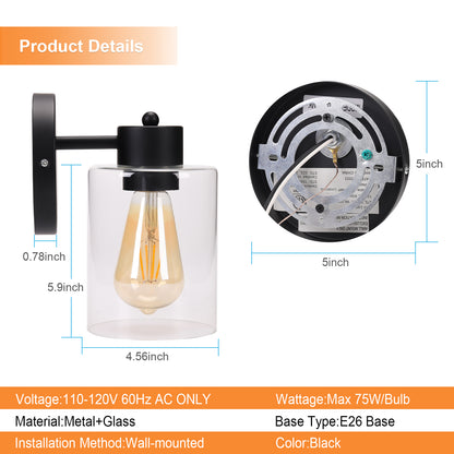 LMLMD Modern Black Vanity Light Fixture - 1 Light Bathroom Wall Lamp with Clear Glass, Perfect for Over Mirror, Hallway, or Bedroom with E26 Socket
