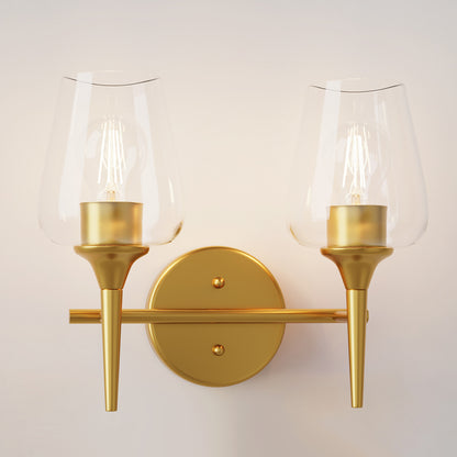 Modern Gold Vanity Lighting Fixture, 2 Light Over Mirror, Wall Lamp with Clear Glass for Bathroom, Hallway, Bedroom with E26 Socket