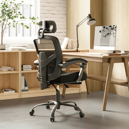 Retractable Footrest Ergonomic Swivel Office Chair with Lumbar Support Pillow and Padded Armrests