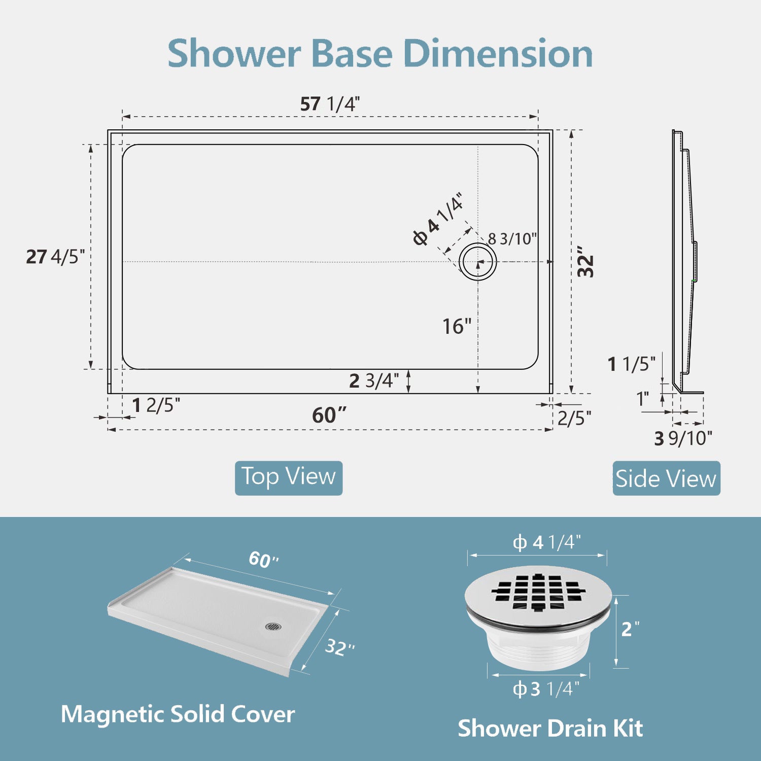 KPUY Shower Base, 60'' L X 32'' W Shower Pan with Single Threshold and Ritht Drain, Shower Pan with Slip Resistant Textured Surface, White Acrylic Shower Base