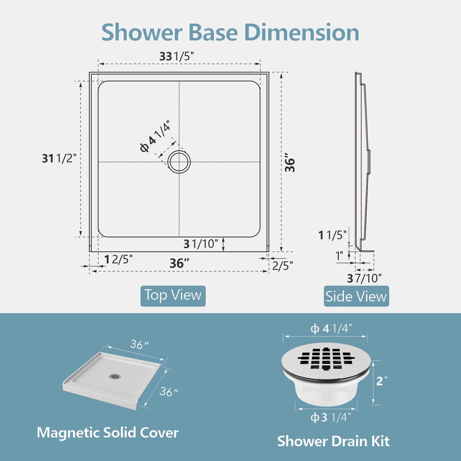 KPUY Shower Base, 36'' L X 36'' W Shower Base Pan with Single Threshold and Center Drain, Shower Pan with Slip Resistant Textured Surface, White Acrylic Shower Base