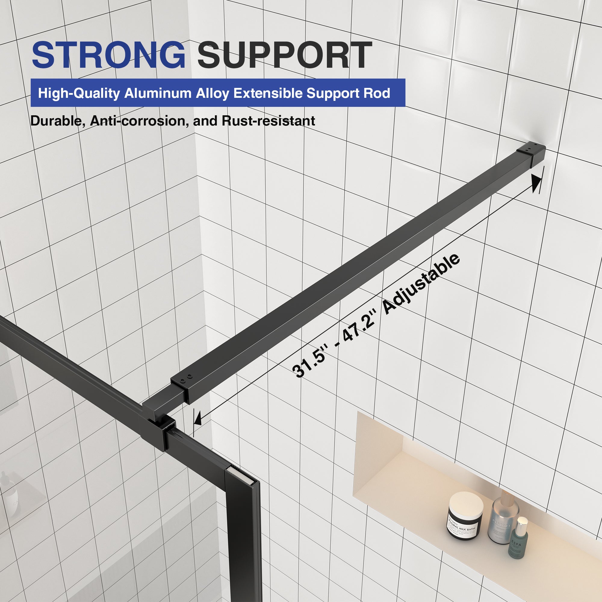 KPUY Shower Glass Panel, 34'' x 74'' H Shower Screen, 1/4" (6mm) Thick Tempered Clear Glass, Fixed Shower Door with Explosion-Proof Film in Matte Black