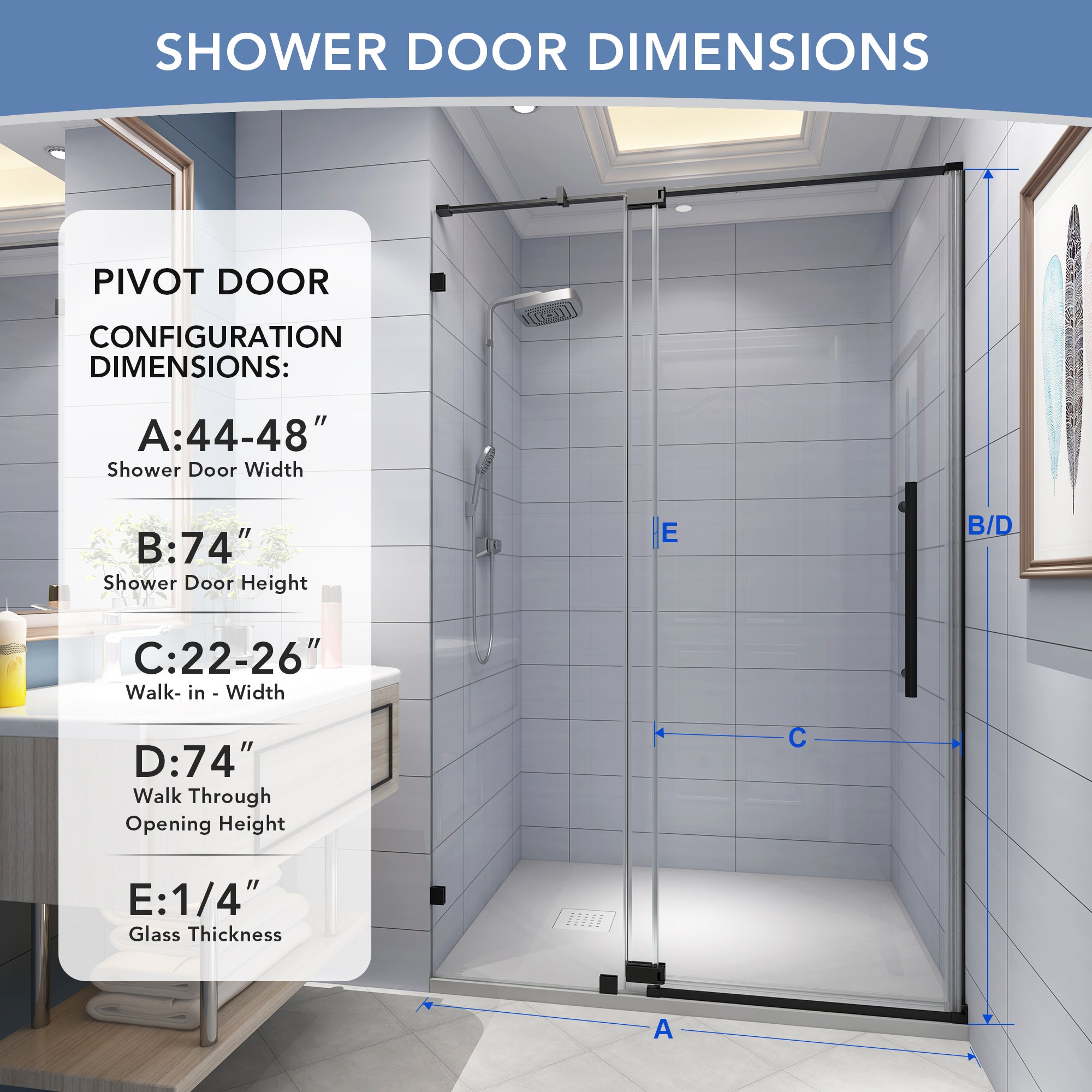 KPUY Pivot Shower Door, 50-54" W x 74" H Pivot Semi-Frameless Shower Door, 1/4" (6mm) Tempered Glass with Explosion-Proof Film Nano Coating, Stainless Steel Hardware, Matte Black