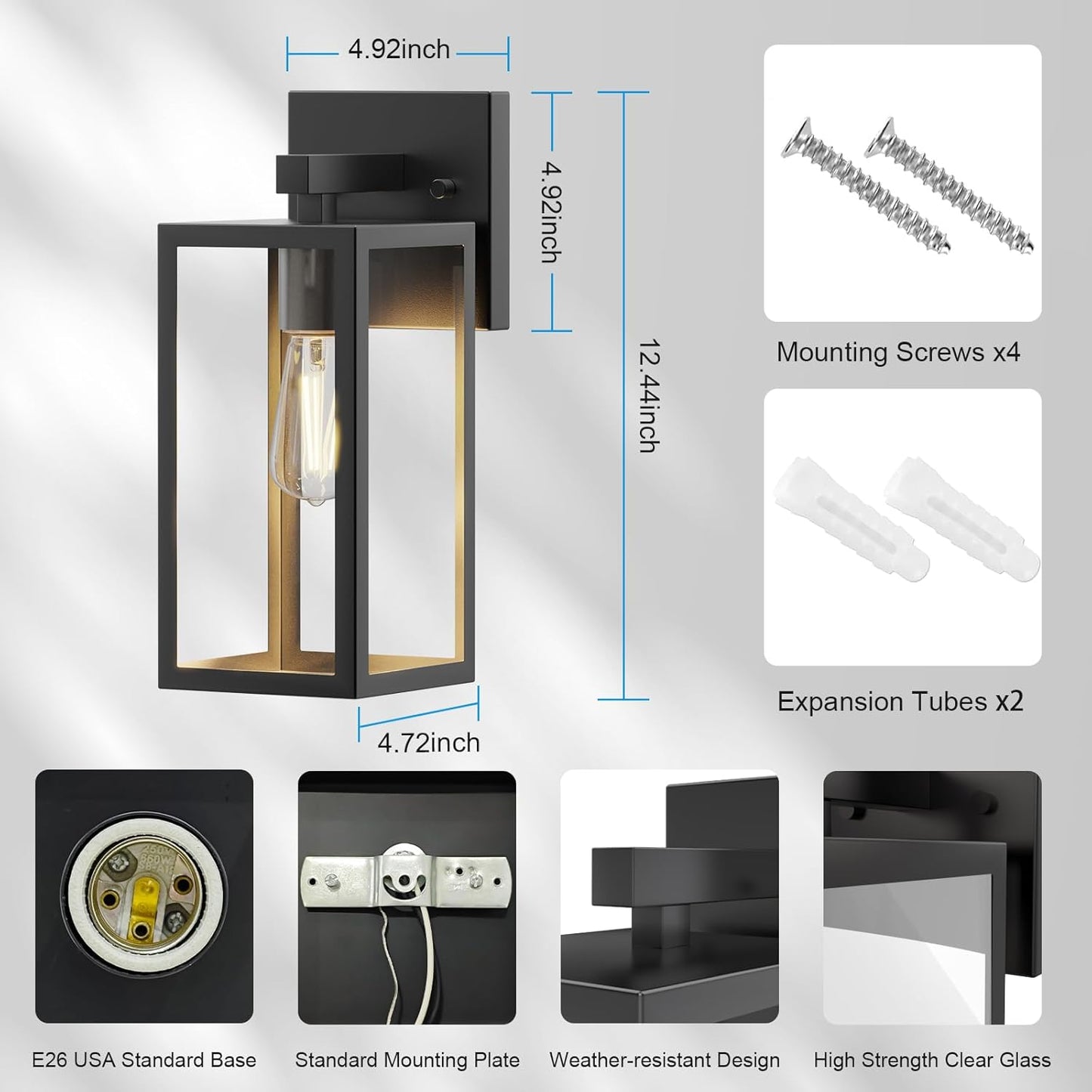 LMLMD Outdoor Wall Lights, 12.4 Inch Waterproof Lanterns with Frame and Clear Glass Shade, Exterior Front Porch Lights Matte Black Wall Sconce, Modern Mounted Lighting for Patio Entryway Hallway, 2 Pack