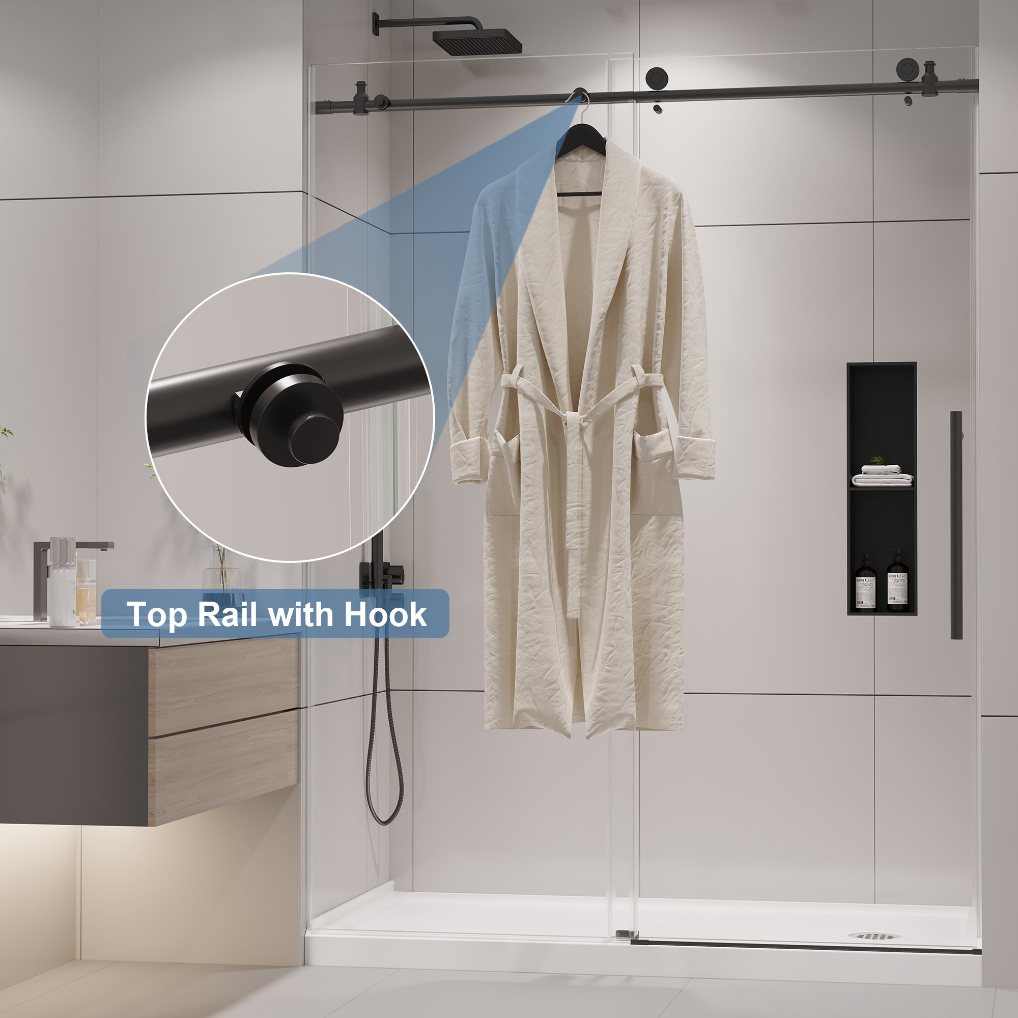 KPUY S9811B Frameless Shower Door, 44-48" W x 76" H Sliding Glass Shower Door, 1/4" (6mm) Thick Tempered Clear Glass with Explosion-Proof Film Nano Coating, Stainless Steel Hardware, Matte Black