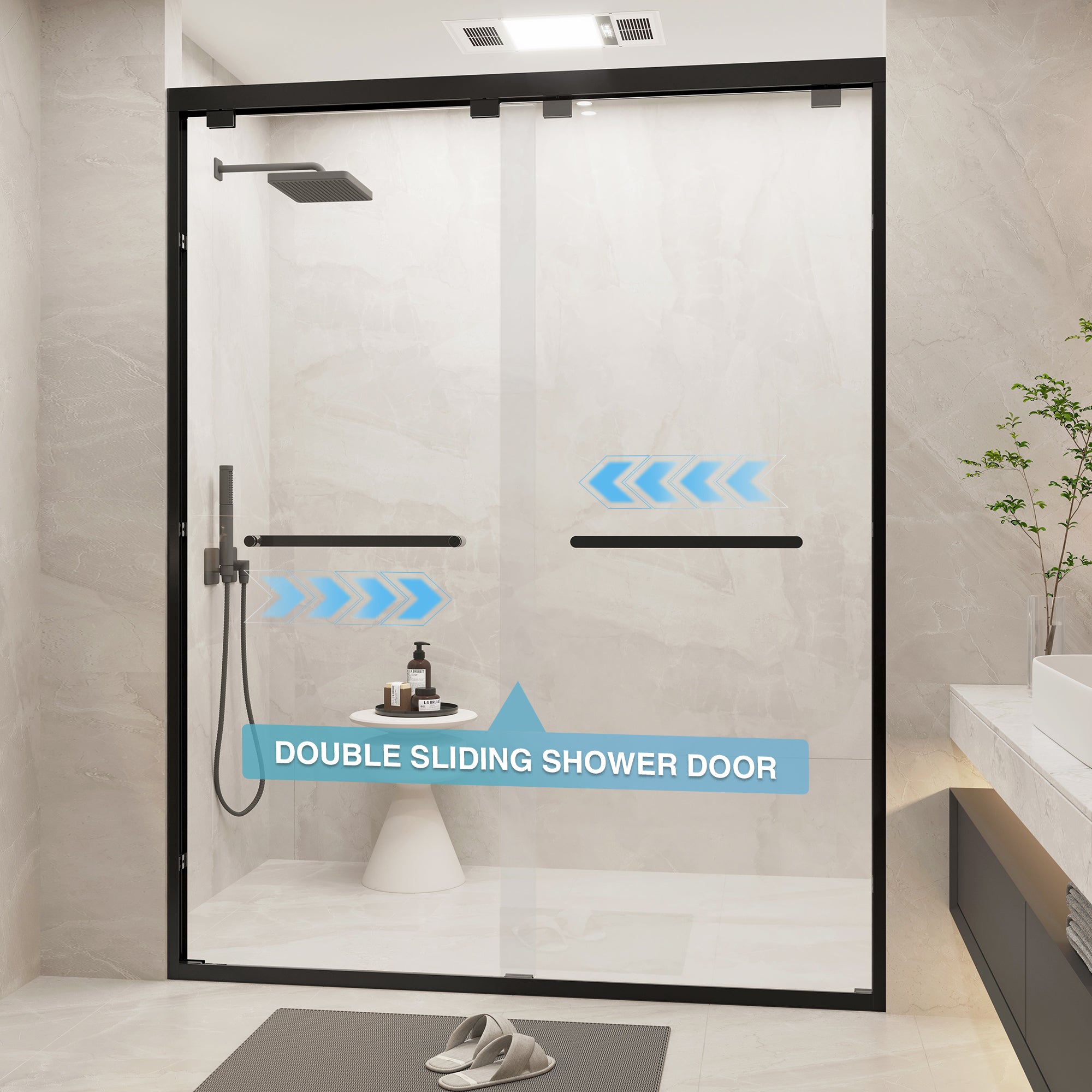 KPUY Glass Shower Door, 56-60" W x 76" H Semi-Frameless Shower Door, Double Sliding Shower Door with 1/4" (6mm) Thick Tempered Clear Glass, Shower Glass Door with Explosion-Proof Film in Matte Black