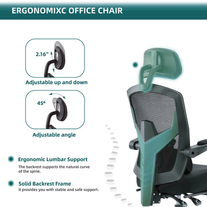 Retractable Footrest Ergonomic Swivel Office Chair with Lumbar Support Pillow and Padded Armrests