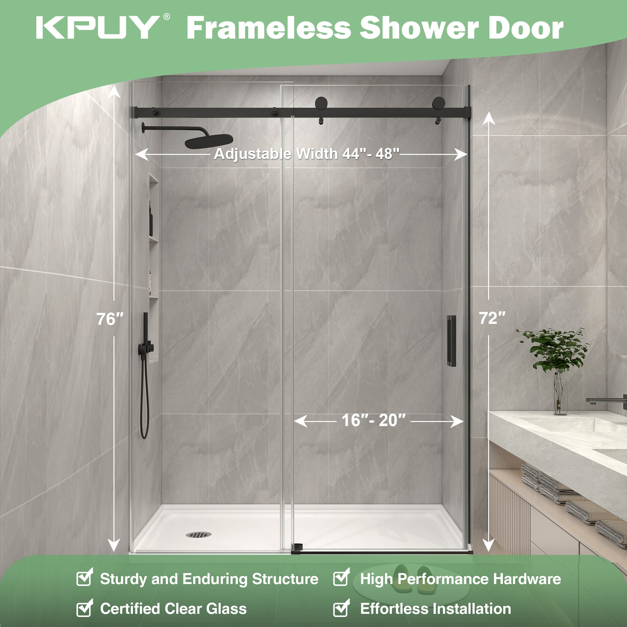 KPUY S9711B Frameless Shower Door, 44-48" W x 76" H Sliding Glass Shower Door, 1/4" (6mm) Thick Tempered Clear Glass with Explosion-Proof Film Nano Coating in Matte Black Finish
