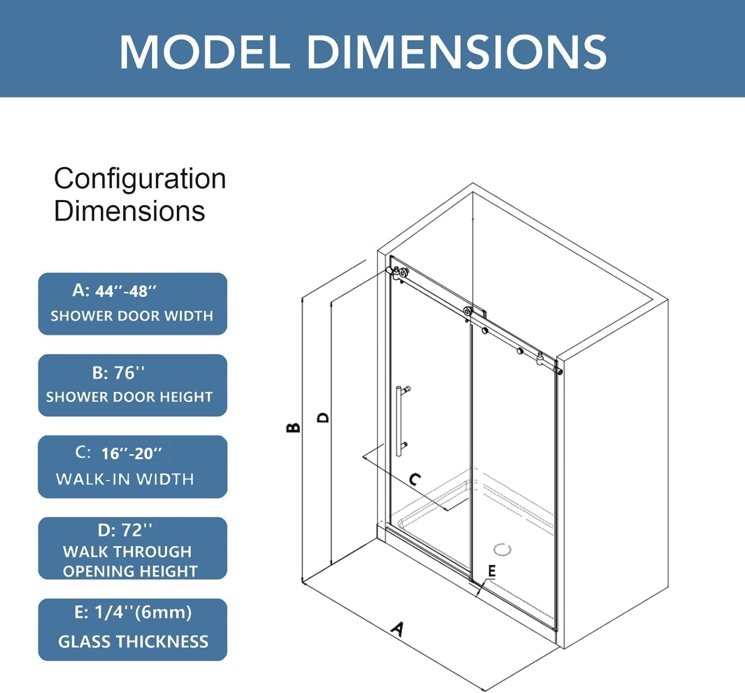 KPUY S9811B Frameless Shower Door, 44-48" W x 76" H Sliding Glass Shower Door, 1/4" (6mm) Thick Tempered Clear Glass with Explosion-Proof Film Nano Coating, Stainless Steel Hardware, Matte Black