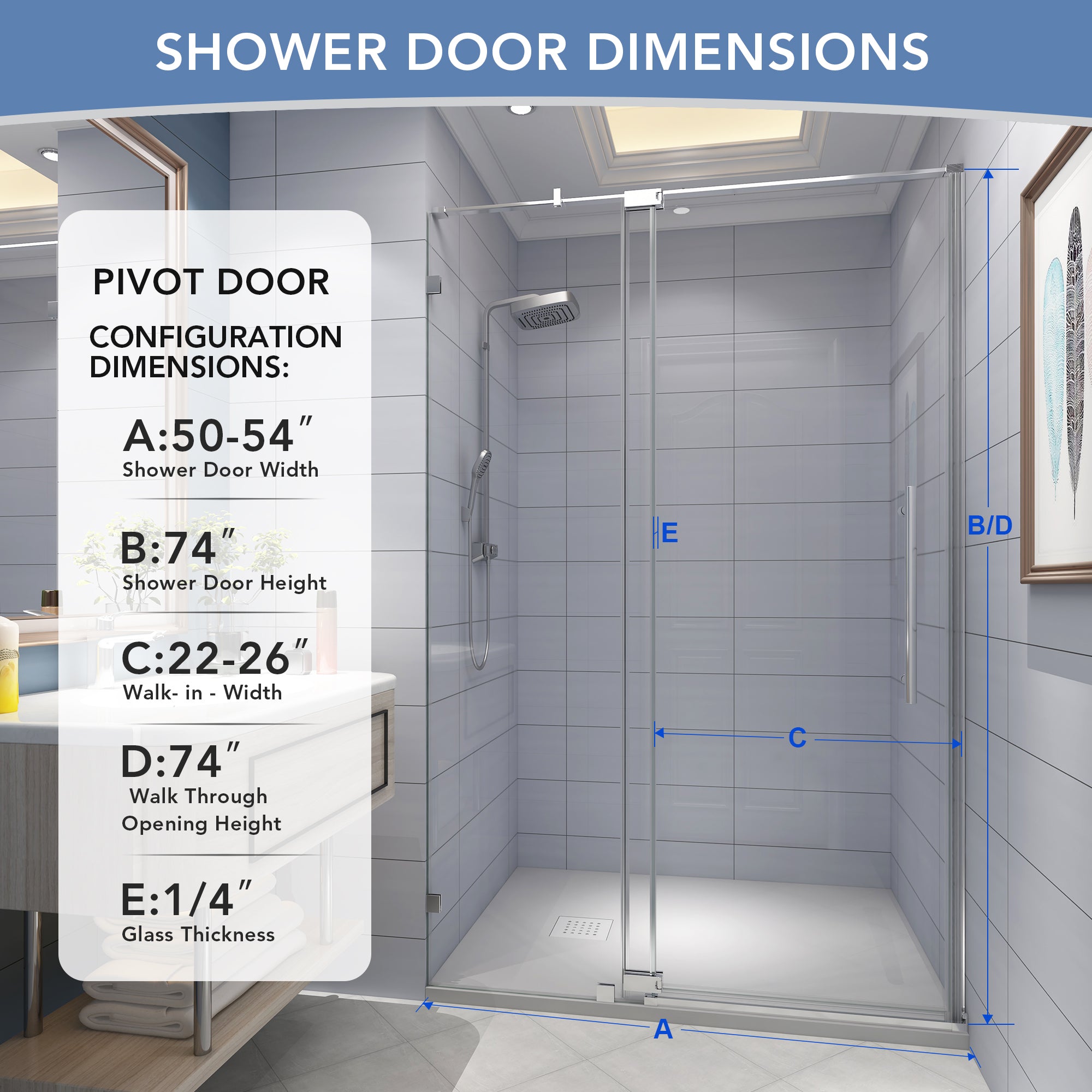 KPUY Pivot Shower Door, 50-54" W x 74" H Pivot Semi-Frameless Shower Door, 1/4" (6mm) Tempered Glass with Explosion-Proof Film Nano Coating, Stainless Steel Hardware, Chrome