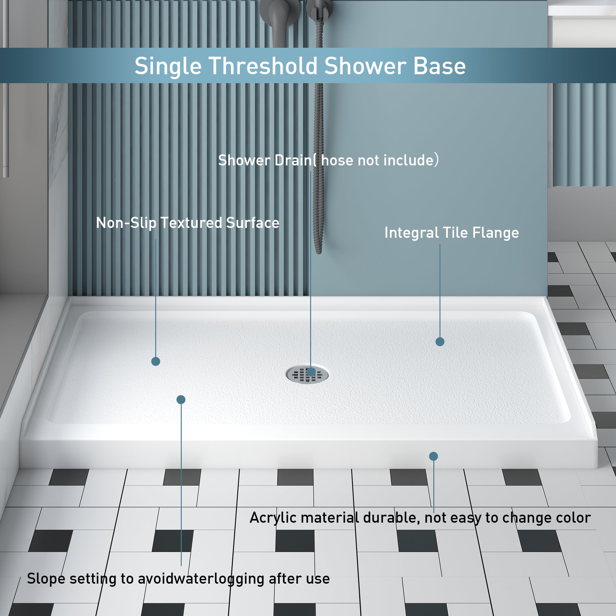 KPUY Shower Base, 60'' L X 32'' W Shower Base Pan with Single Threshold and Center Drain, Shower Pan with Slip Resistant Textured Surface, White Acrylic Shower Base