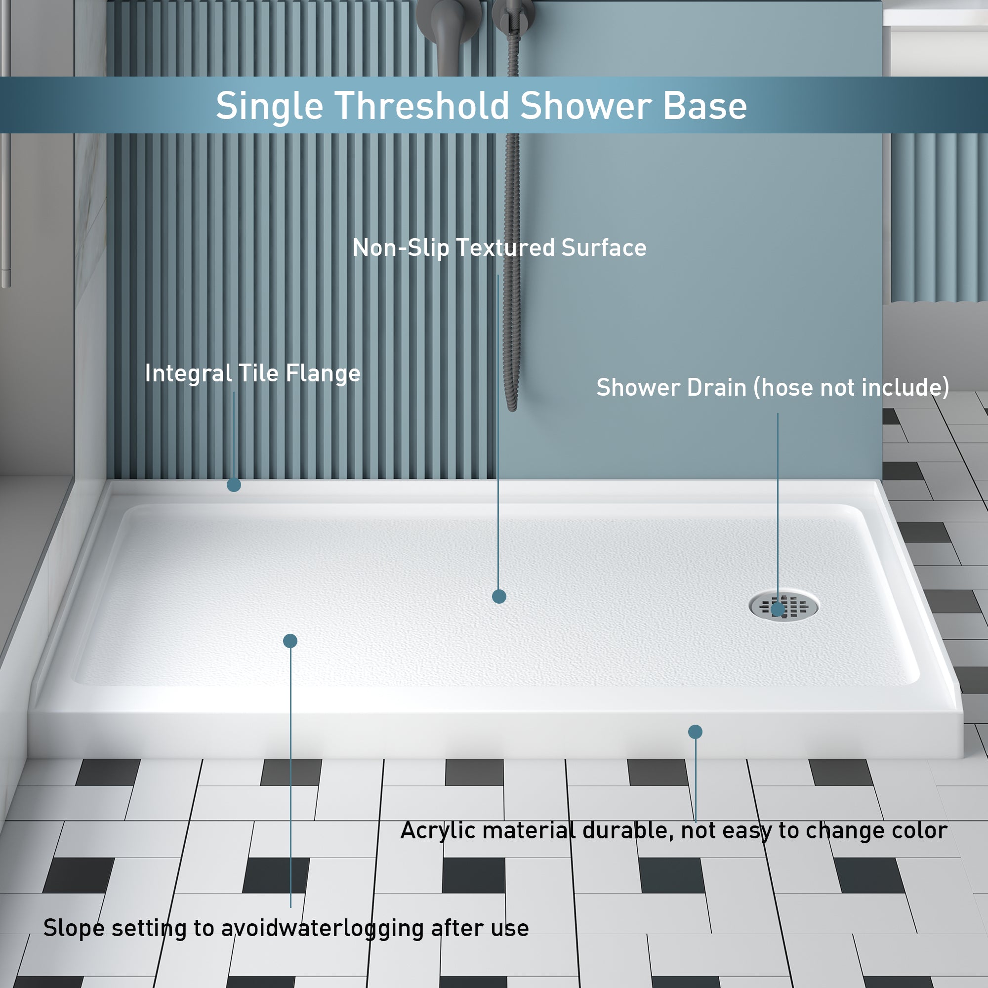 KPUY Shower Base, 60'' L X 32'' W Shower Pan with Single Threshold and Ritht Drain, Shower Pan with Slip Resistant Textured Surface, White Acrylic Shower Base