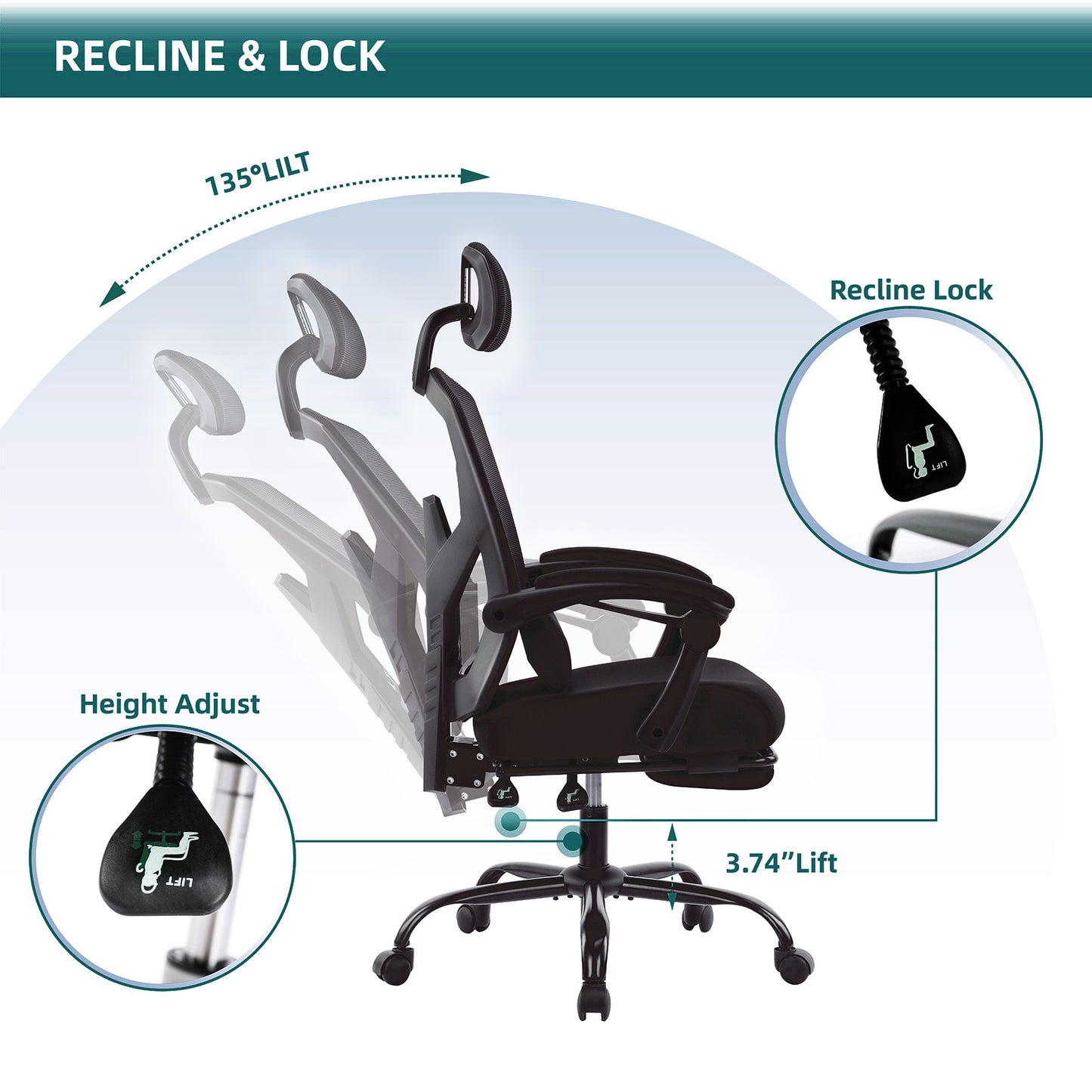 Retractable Footrest Ergonomic Swivel Office Chair with Lumbar Support Pillow and Padded Armrests