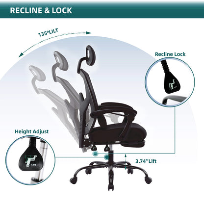 Retractable Footrest Ergonomic Swivel Office Chair with Lumbar Support Pillow and Padded Armrests