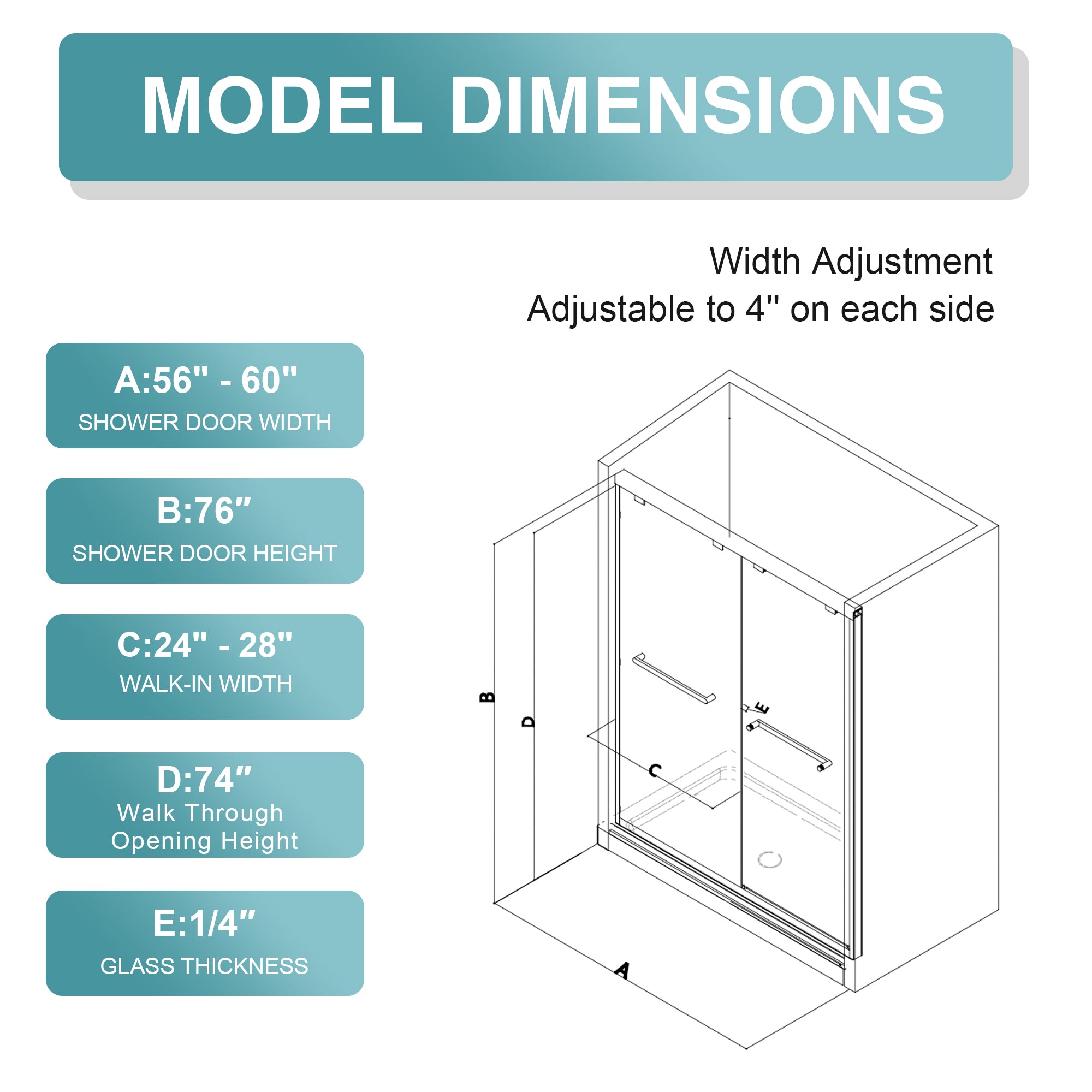 KPUY Glass Shower Door, 56-60" W x 76" H Semi-Frameless Shower Door, Double Sliding Shower Door with 1/4" (6mm) Thick Tempered Clear Glass, Shower Glass Door with Explosion-Proof Film in Matte Black