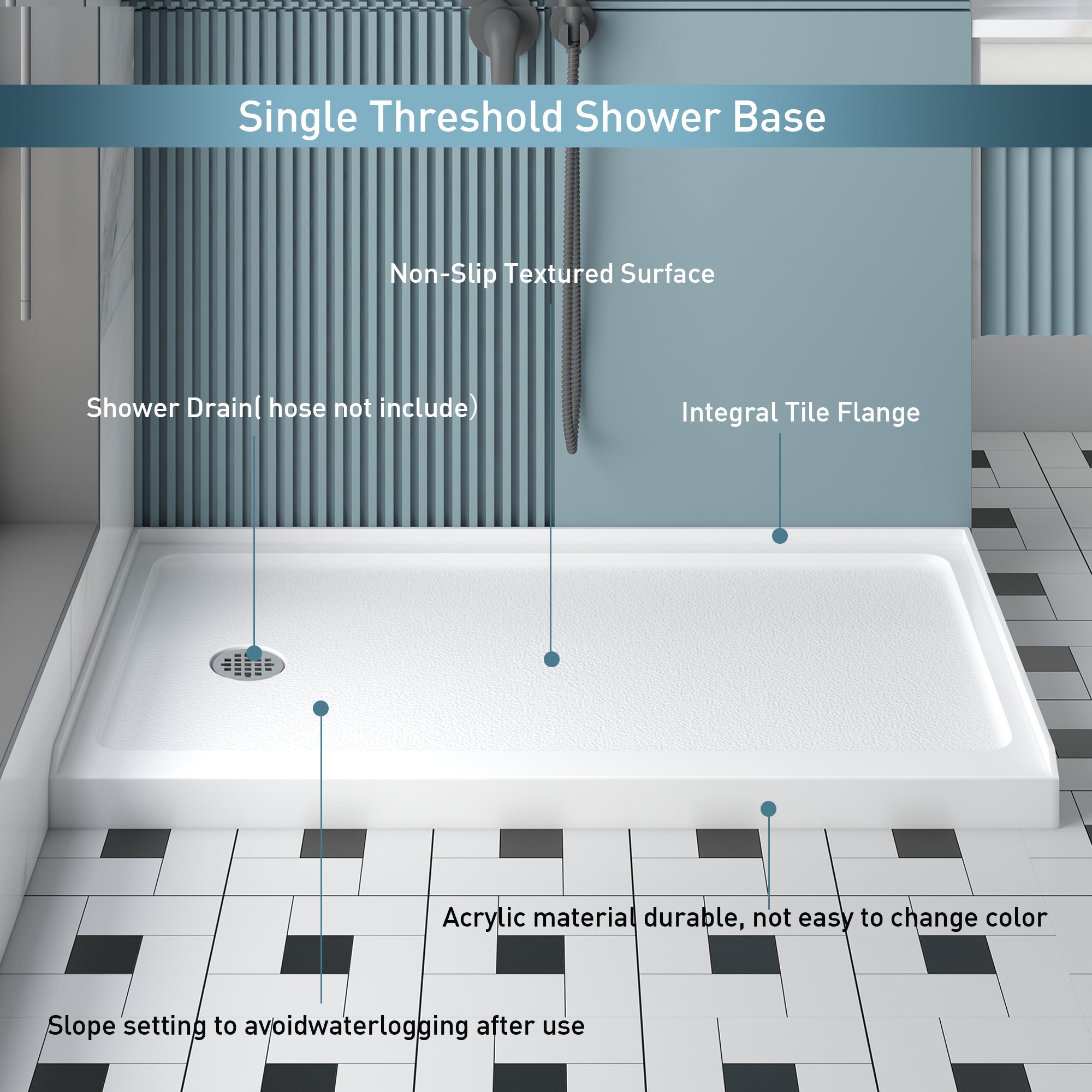 KPUY Shower Base, 60'' L X 32'' W Shower Base Pan with Single Threshold and Left Drain, Shower Pan with Slip Resistant Textured Surface, White Acrylic Shower Base