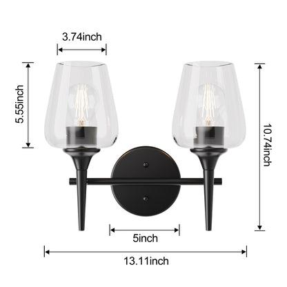 Modern Gold Vanity Lighting Fixture, 2 Light Over Mirror, Wall Lamp with Clear Glass for Bathroom, Hallway, Bedroom with E26 Socket