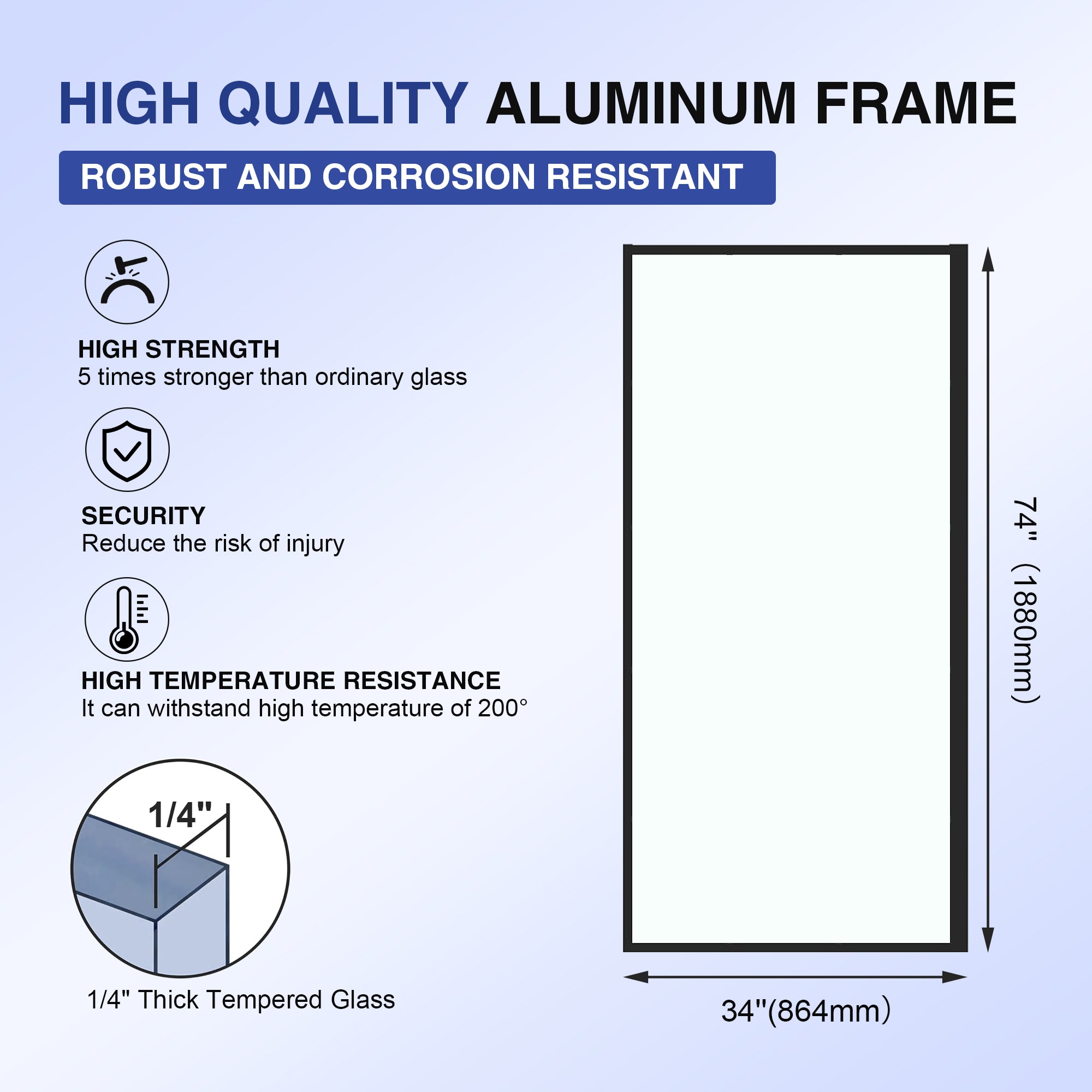 KPUY Shower Glass Panel, 34'' x 74'' H Shower Screen, 1/4" (6mm) Thick Tempered Clear Glass, Fixed Shower Door with Explosion-Proof Film in Matte Black