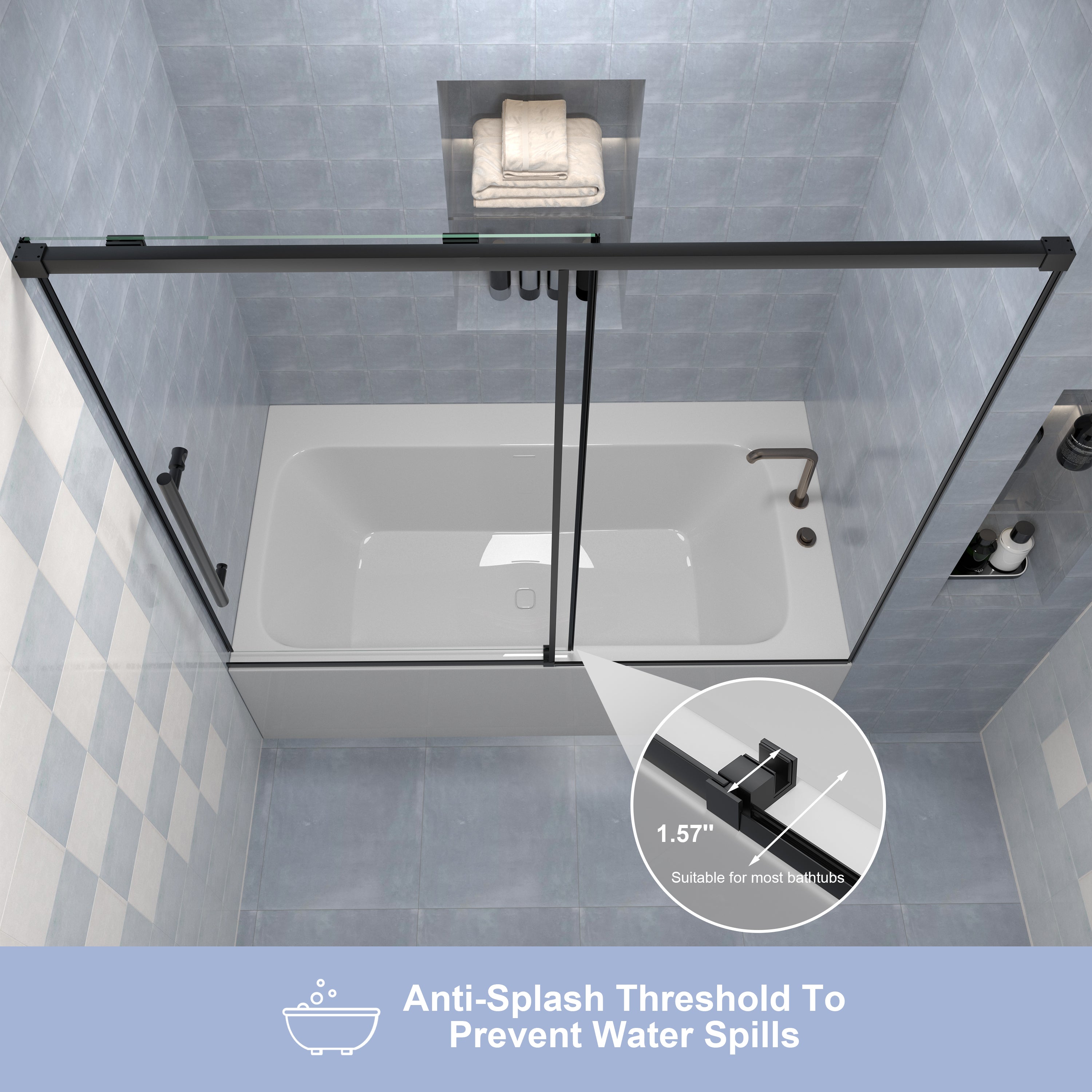 KPUY Bathtub Shower Door, 56-60" W x 58" H Sliding Shower Door for Bathtub, 1/4" (6mm) Thick Tempered Clear Glass with Explosion-Proof Film Nano Coating in Matte Black Finish