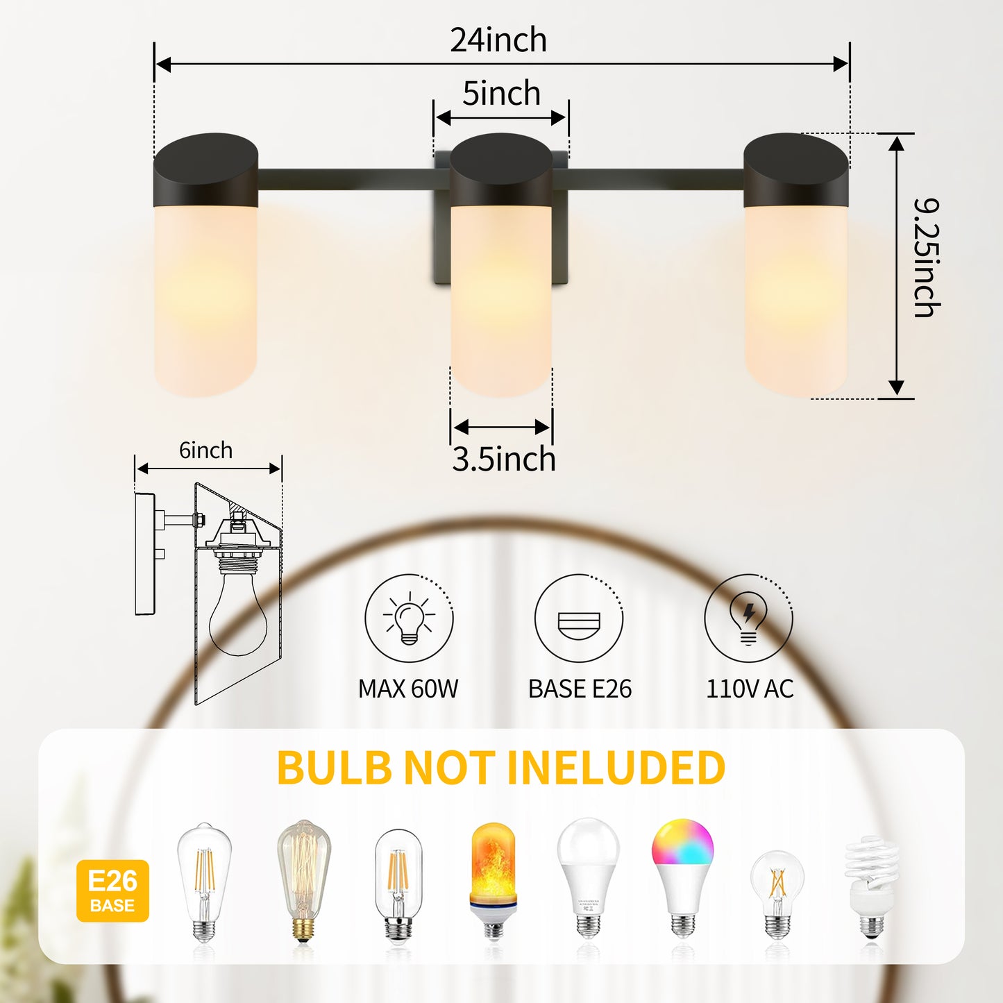 Bathroom Vanity Light Fixtures, 3 Light Modern Gold Vanity Lighting Fixtures, Lighting Fixtures Over Mirror, Wall Sconce with Glass for Hallway, Bedroom with E26 Socket
